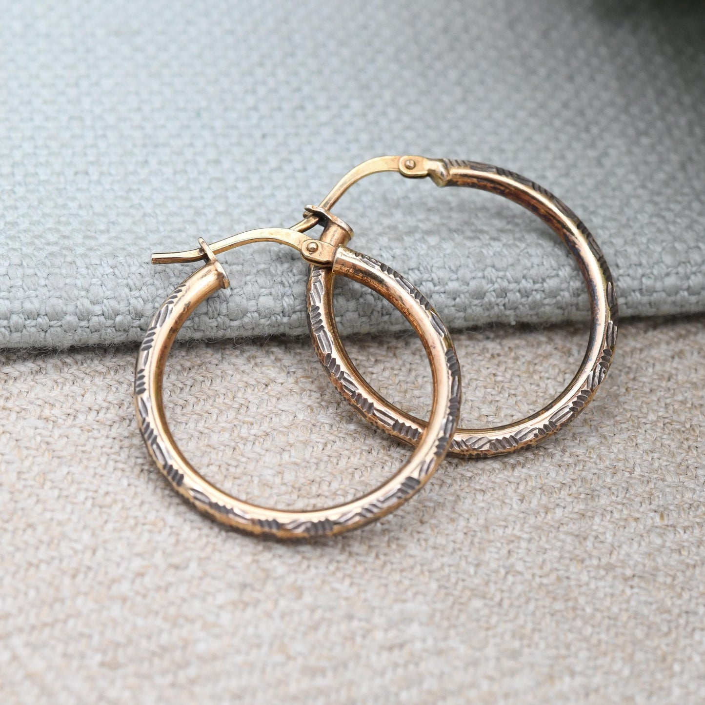 Vintage Gold Plated Sterling Silver Hoop Earrings Textured Hoops - Large Circle Hoops with Hand Engraved Design | Pretty Everyday Jewellery