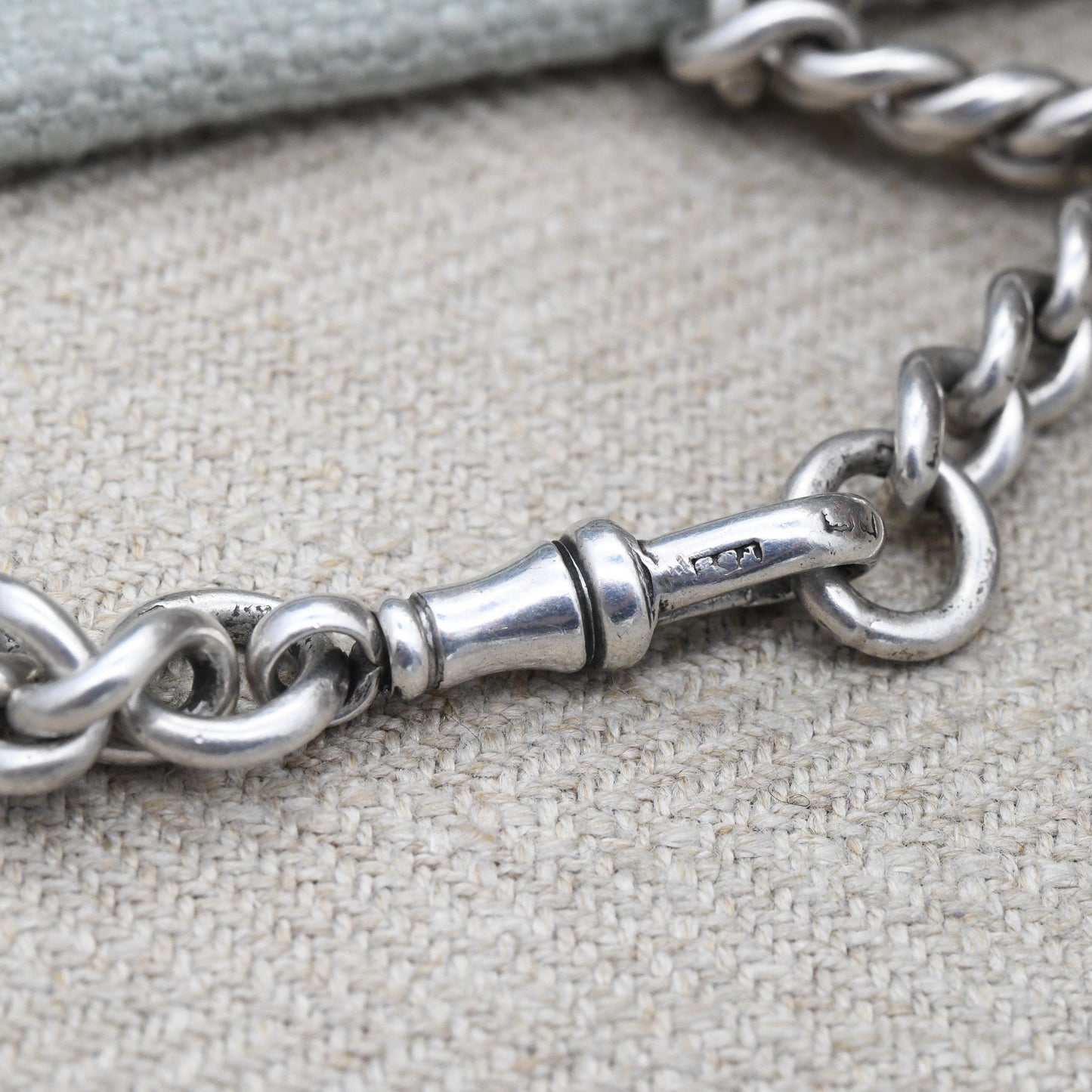 Antique Sterling Silver Albert Chain Bracelet with Dog Clip 1915 - Unisex | Hallmark Stamps to Each Link | Curb Link Pocket Watch Chain 7.5"