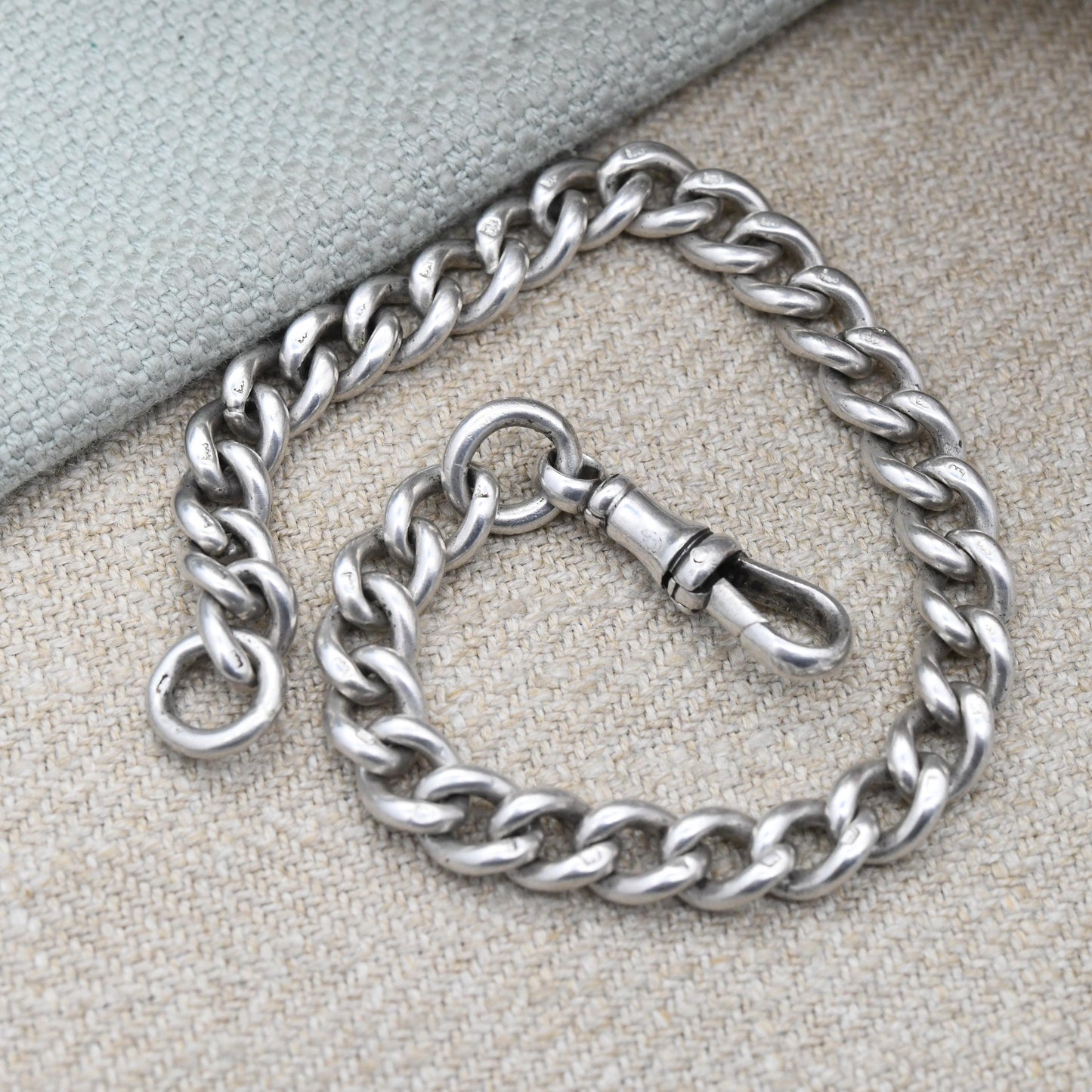 Antique Sterling Silver Albert Chain Bracelet with Dog Clip 1915 - Unisex | Hallmark Stamps to Each Link | Curb Link Pocket Watch Chain 7.5"