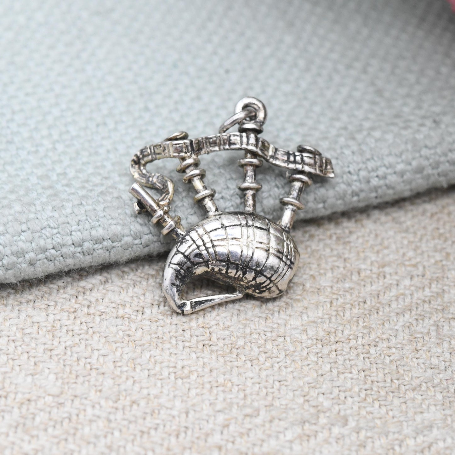 Vintage Sterling Silver Bagpipes Charm Pendant - Scotland Great Highland Music Music Patriotic Tartan | Souvenir Gift for Charm Bracelet