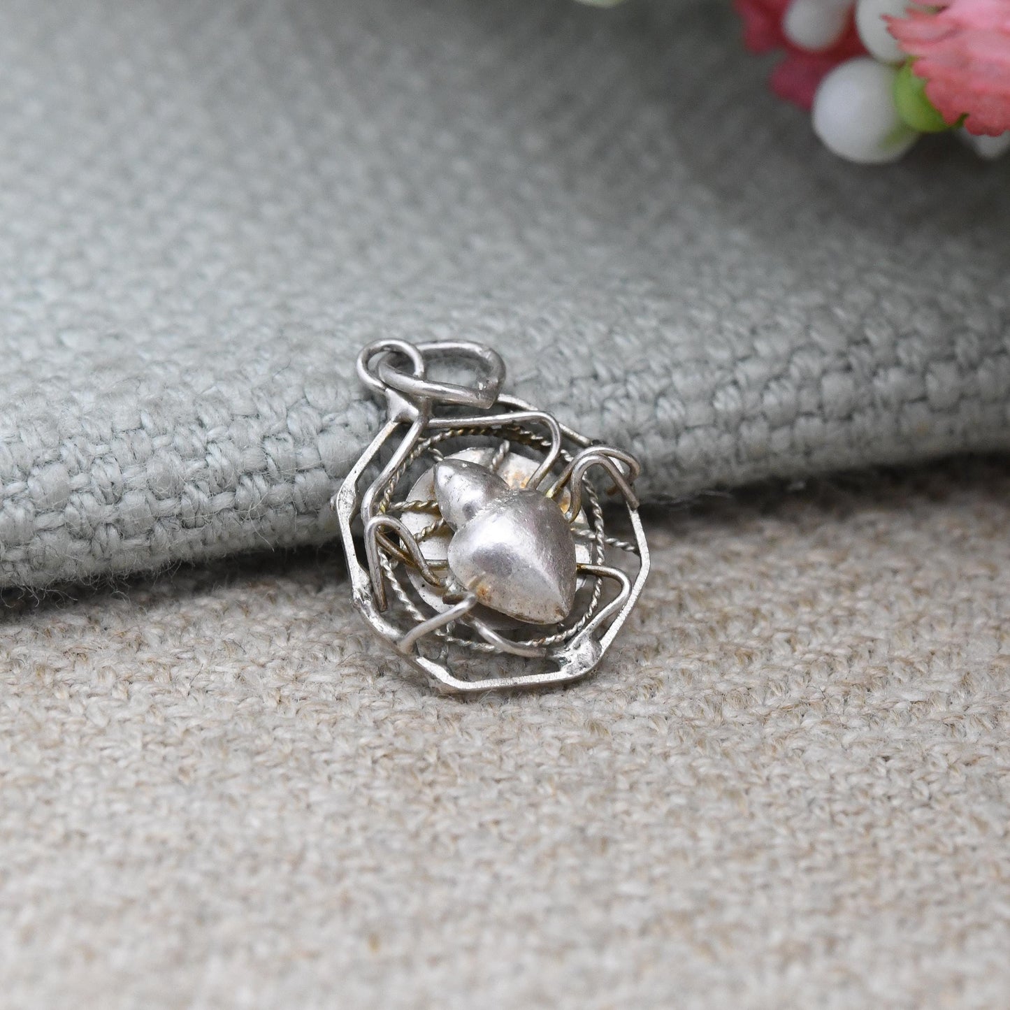 Vintage Sterling Silver Spider in a Spiders Web Charm Pendant - Insect Jewellery | Pendant Charm Necklace Stack
