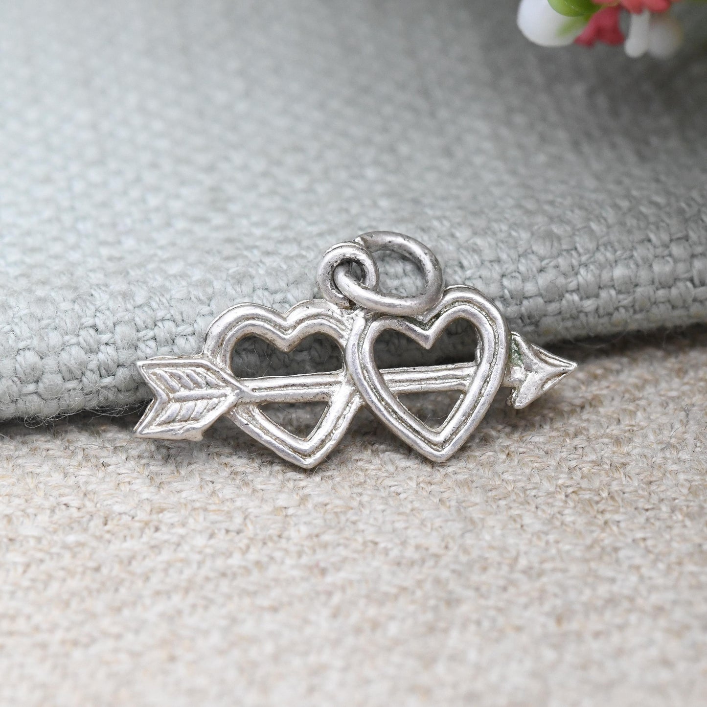 Vintage Silver Arrow Through Two Hearts Charm Pendant - Double Hearts Symbol for Love | Cupid Valentine's Gift for Charm Bracelet