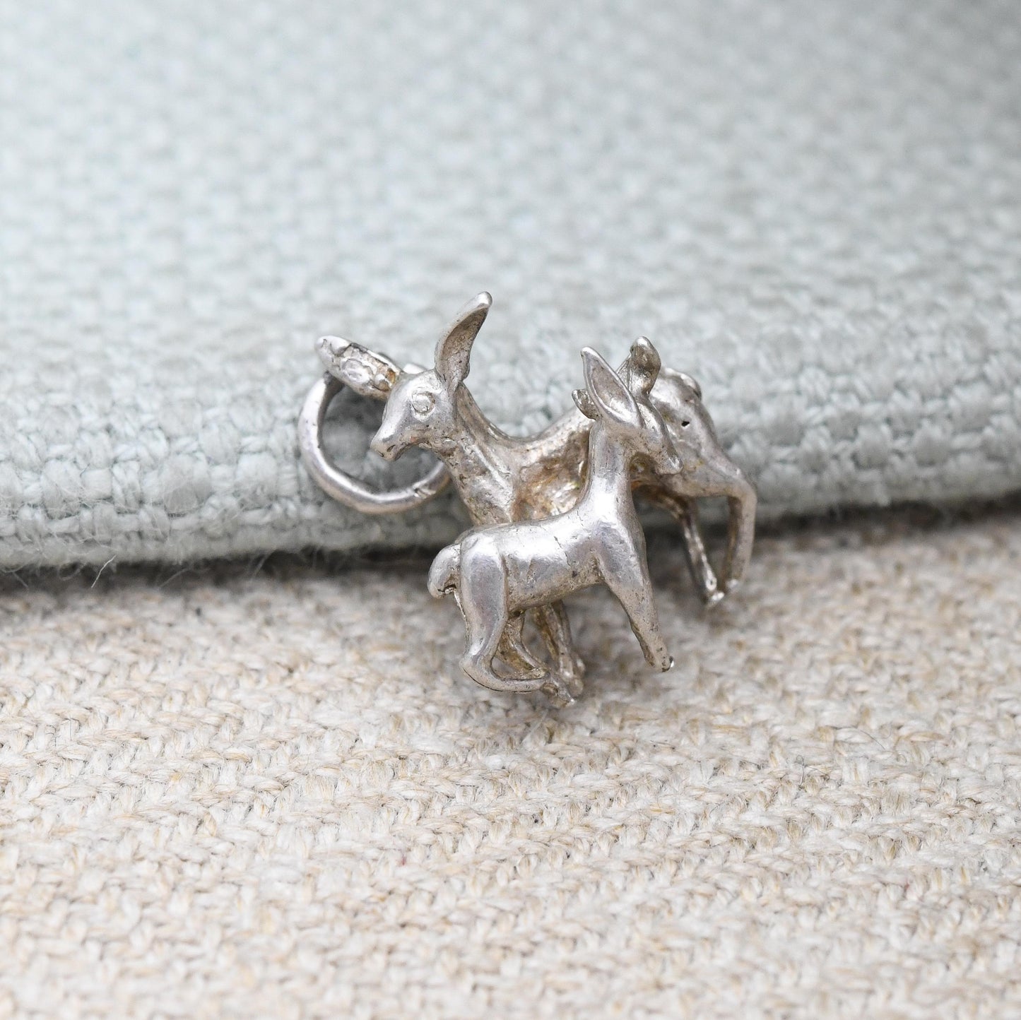 Vintage Sterling Silver Deer & Fawn Charm Pendant - Bambi Style Woodland Animal | for Charm Bracelet | Mother and Baby Animal