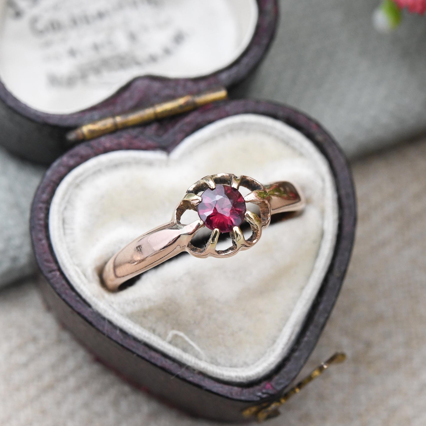 Antique 9ct Gold Garnet Ring 1919 Claw Set Solitaire - Chester Hallmarks Rose Gold Red Faceted Stone Solitaire | UK Size N 1/2 US Size 6 3/4