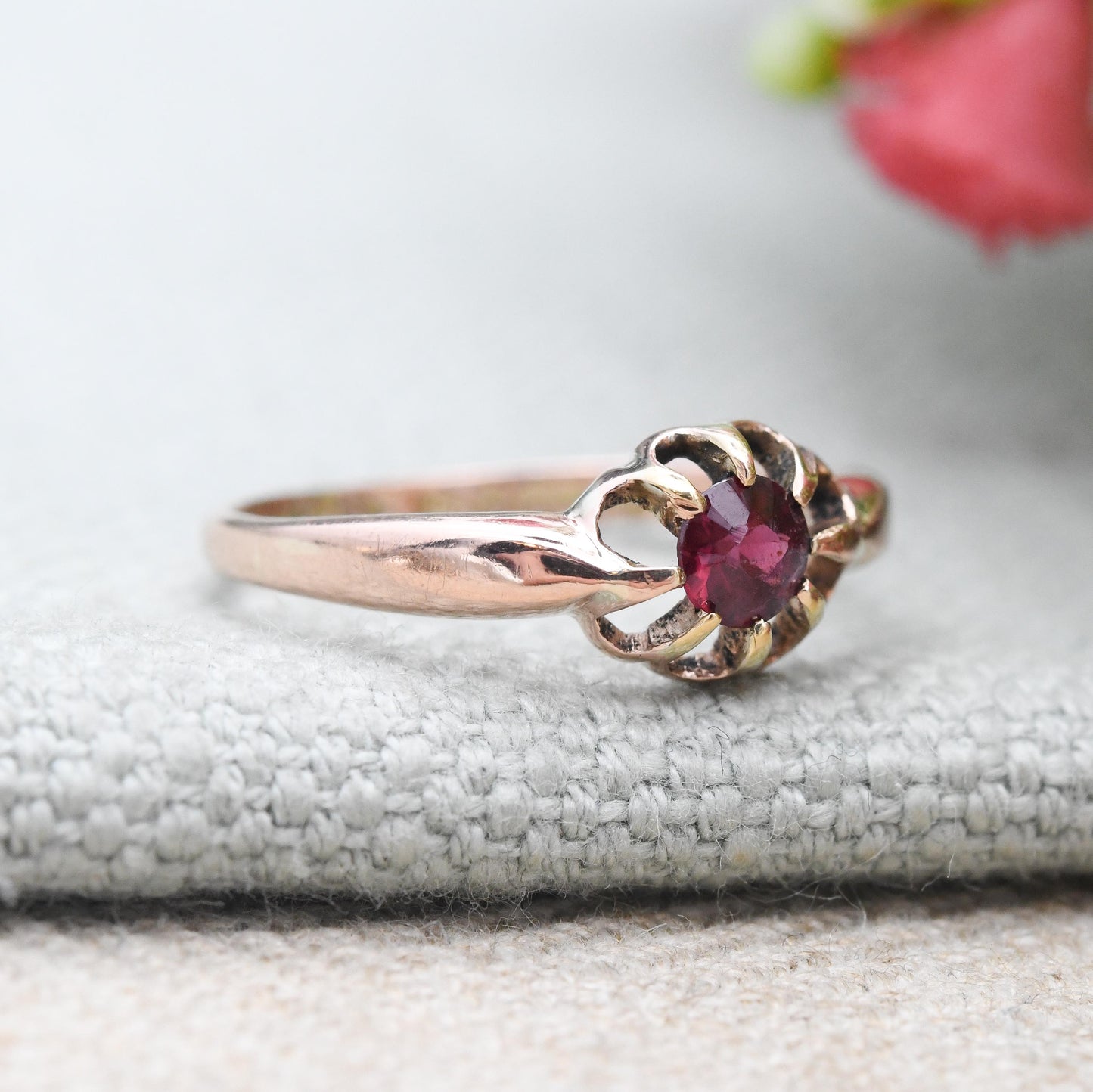 Antique 9ct Gold Garnet Ring 1919 Claw Set Solitaire - Chester Hallmarks Rose Gold Red Faceted Stone Solitaire | UK Size N 1/2 US Size 6 3/4