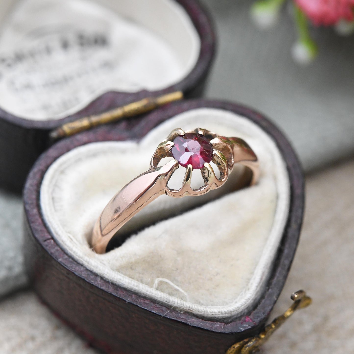 Antique 9ct Gold Garnet Ring 1919 Claw Set Solitaire - Chester Hallmarks Rose Gold Red Faceted Stone Solitaire | UK Size N 1/2 US Size 6 3/4