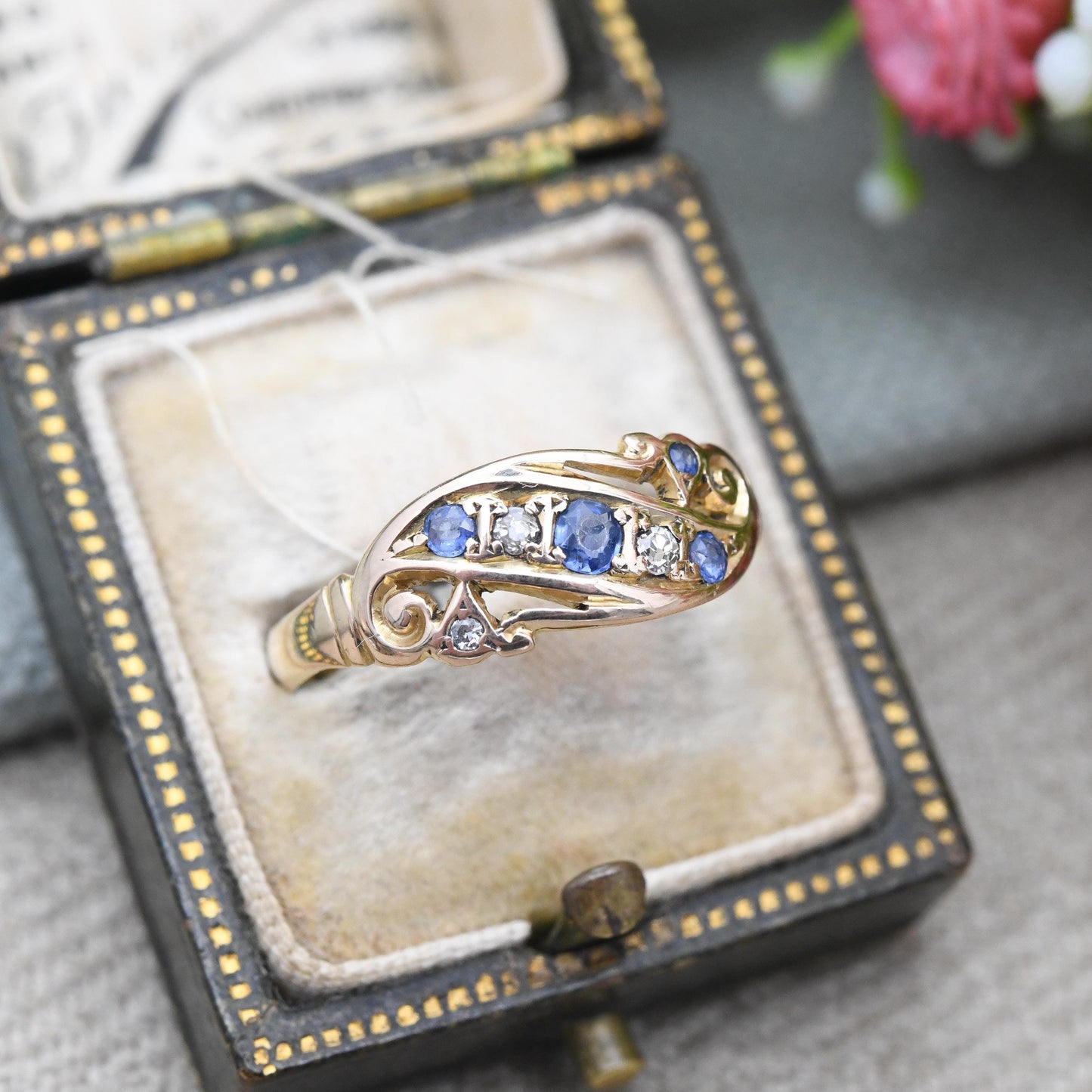 Antique 18ct Gold Sapphire and Diamond Ring c. 1910s Edwardian Era - Alternating Five Stone Engagement Ring | UK Size - R | US Size - 8 3/4