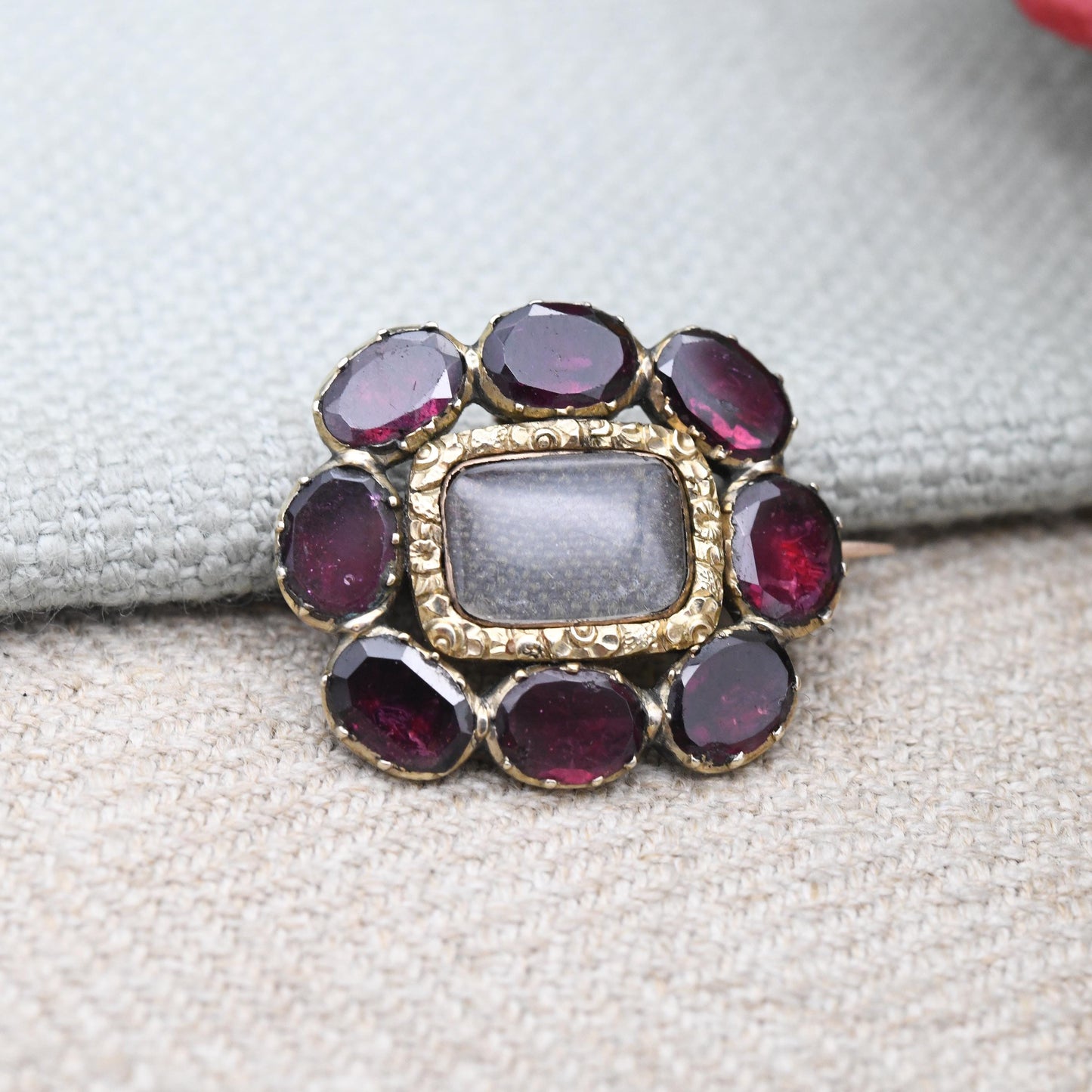 Antique 15ct Gold Garnet Hair Brooch c. 1800s Georgian Victorian - Large Red Stones Carved Flower Border | Antique Mourning Jewellery Locket