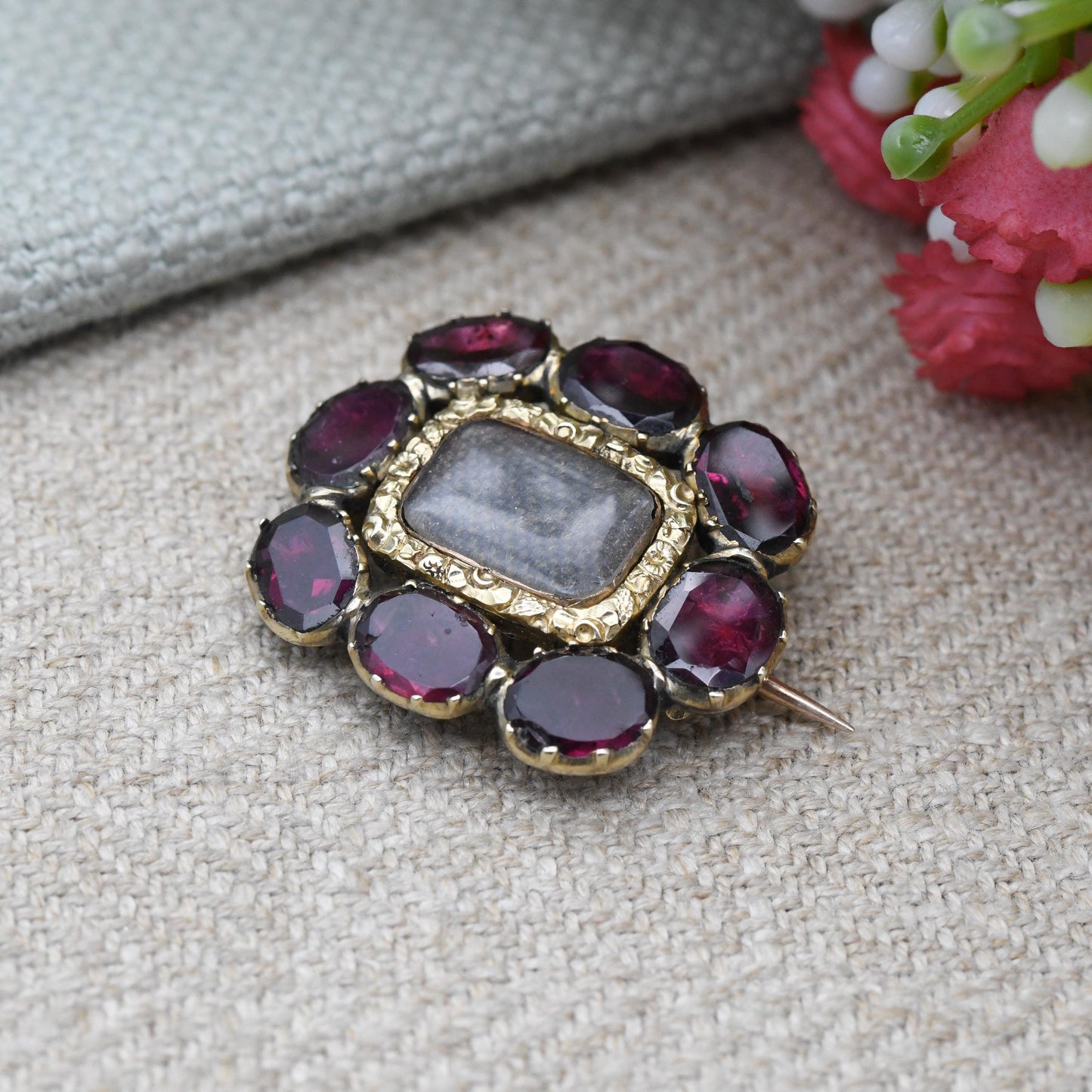 Antique 15ct Gold Garnet Hair Brooch c. 1800s Georgian Victorian - Large Red Stones Carved Flower Border | Antique Mourning Jewellery Locket