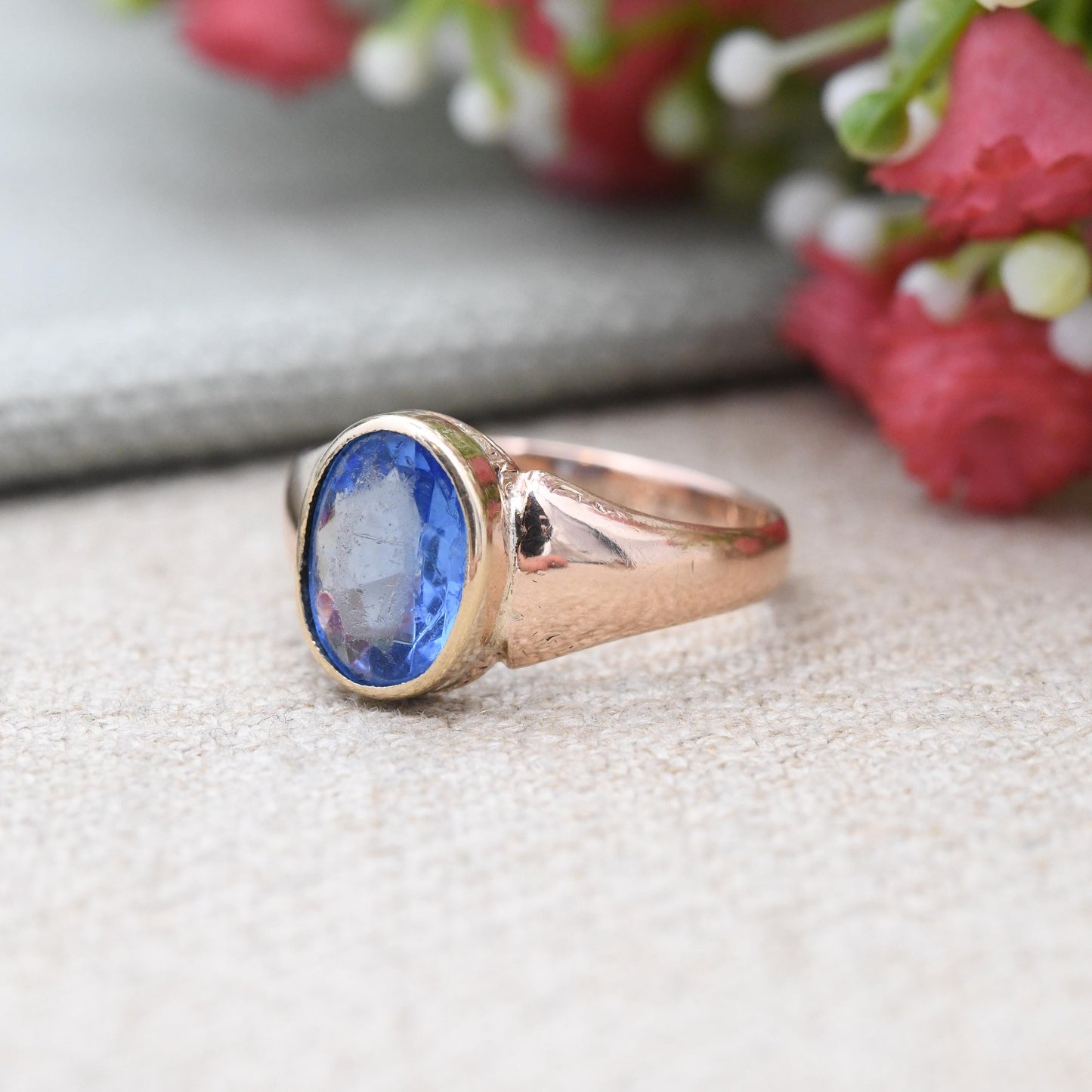 Antique 9ct Gold Blue Paste Ring 1909 Chester Hallmarks - Edwardian Rose Gold Large Faceted Solitaire | Pretty Gift | UK Size Q | US Size 8