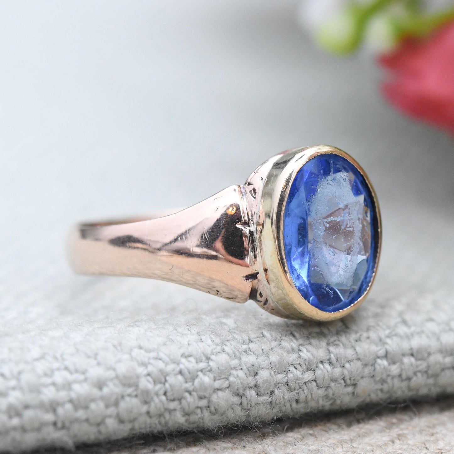 Antique 9ct Gold Blue Paste Ring 1909 Chester Hallmarks - Edwardian Rose Gold Large Faceted Solitaire | Pretty Gift | UK Size Q | US Size 8