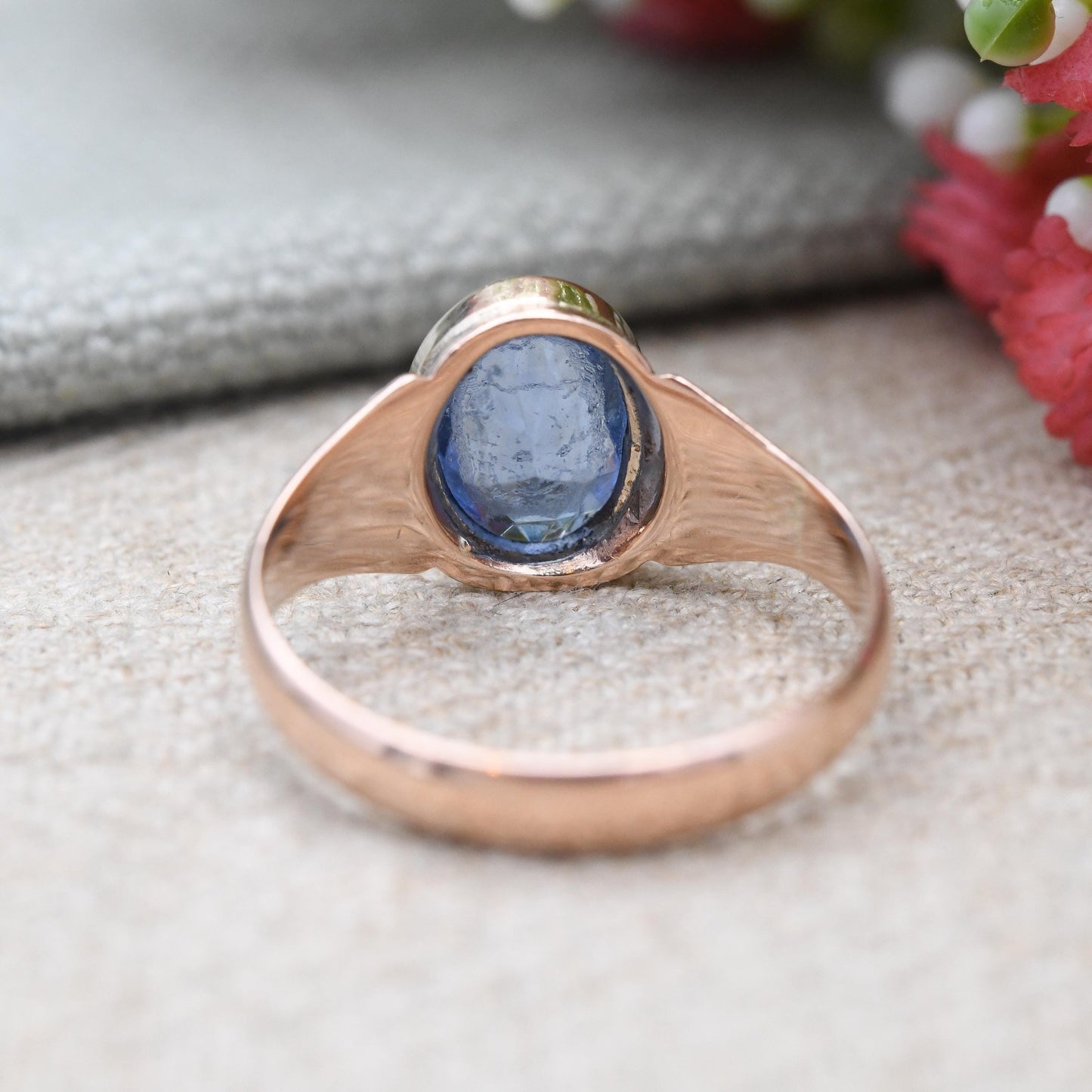 Antique 9ct Gold Blue Paste Ring 1909 Chester Hallmarks - Edwardian Rose Gold Large Faceted Solitaire | Pretty Gift | UK Size Q | US Size 8