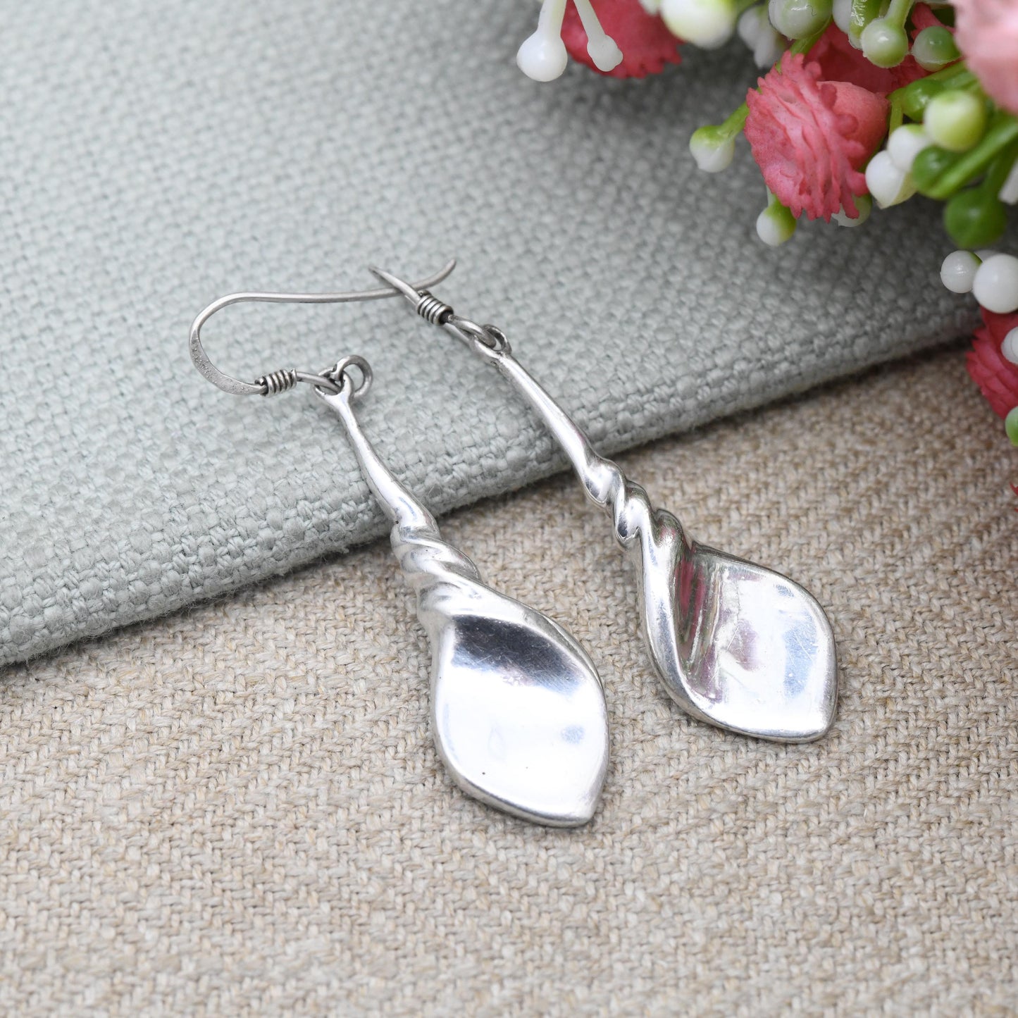Vintage Sterling Silver Twisted Drop Earrings - Long Shape Design | Delicate Jewellery Gift for Her