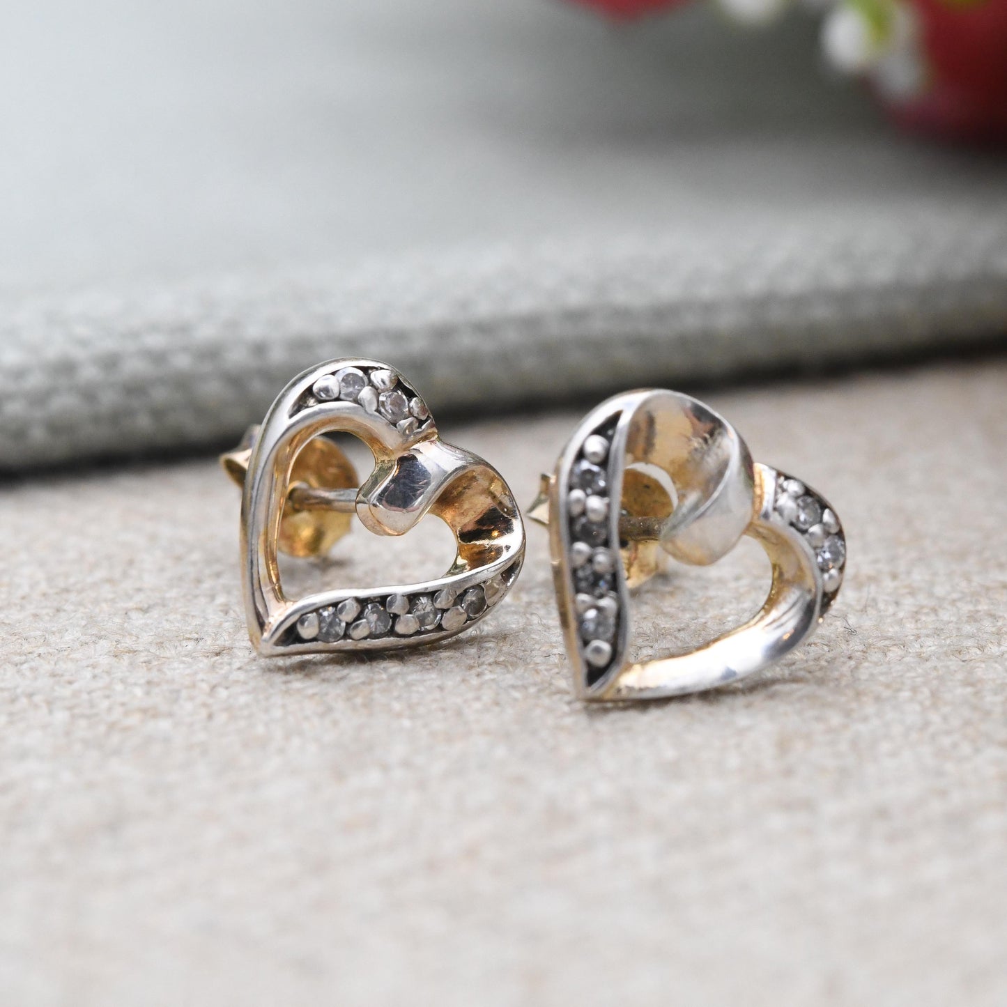 Vintage Sterling Silver Heart Stud Earrings with CZ Stones - Love Heart Shape Open Hearts | Sentimental Vintage Jewellery Gift for Her