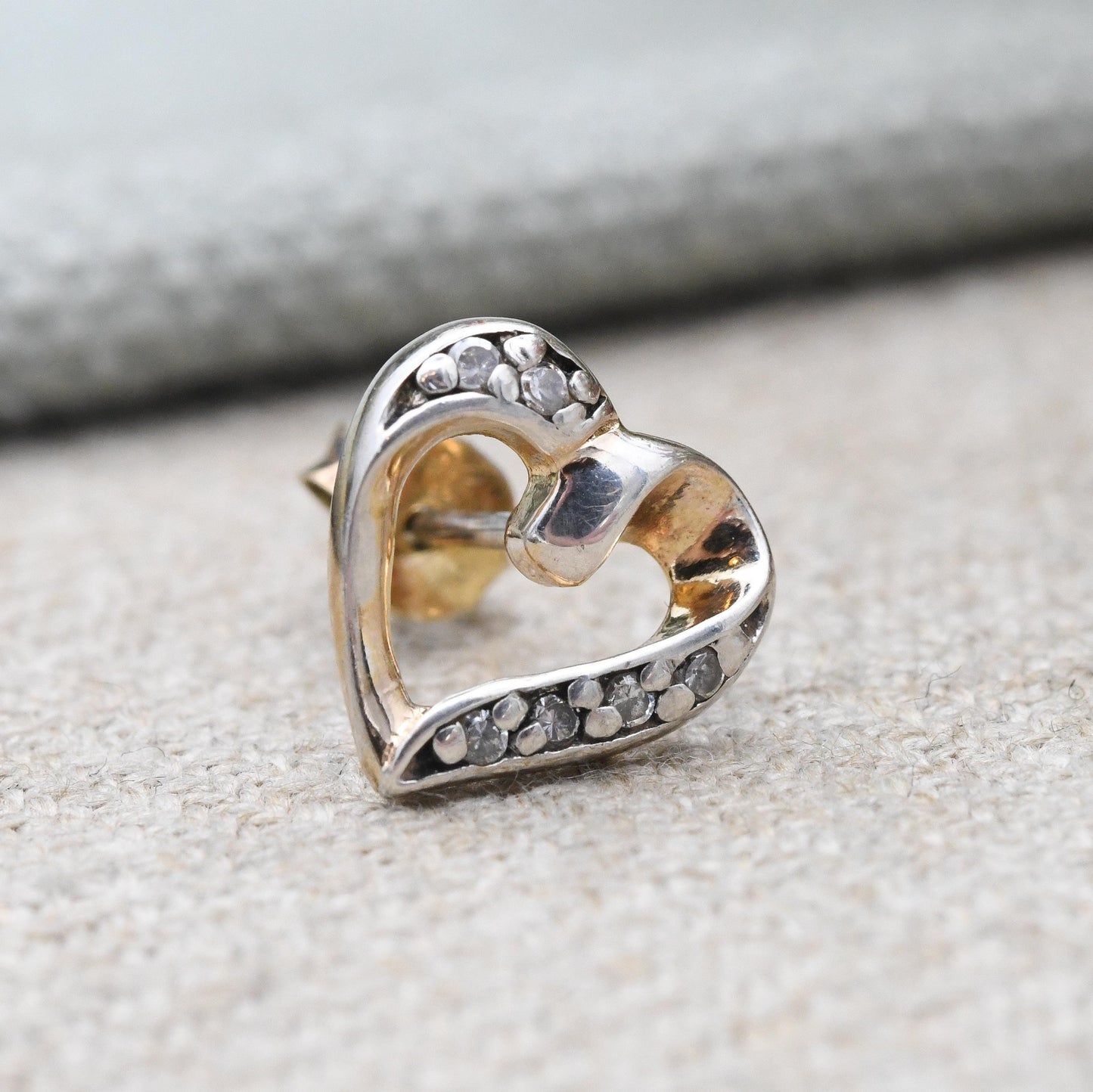 Vintage Sterling Silver Heart Stud Earrings with CZ Stones - Love Heart Shape Open Hearts | Sentimental Vintage Jewellery Gift for Her