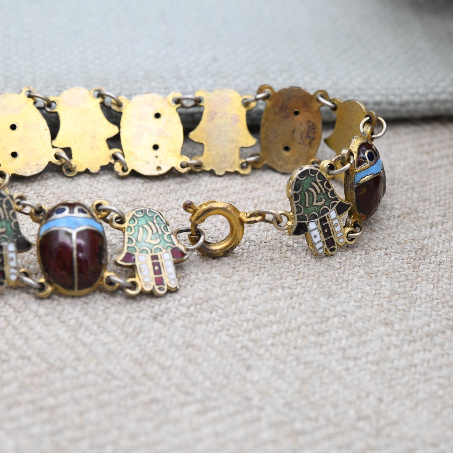 Vintage Egyptian Silver Enamel Scarab Beetle and Hamsa Panel Link Bracelet - Hand of Fatima Symbol | c. 1930s Art Deco Egyptian Revival