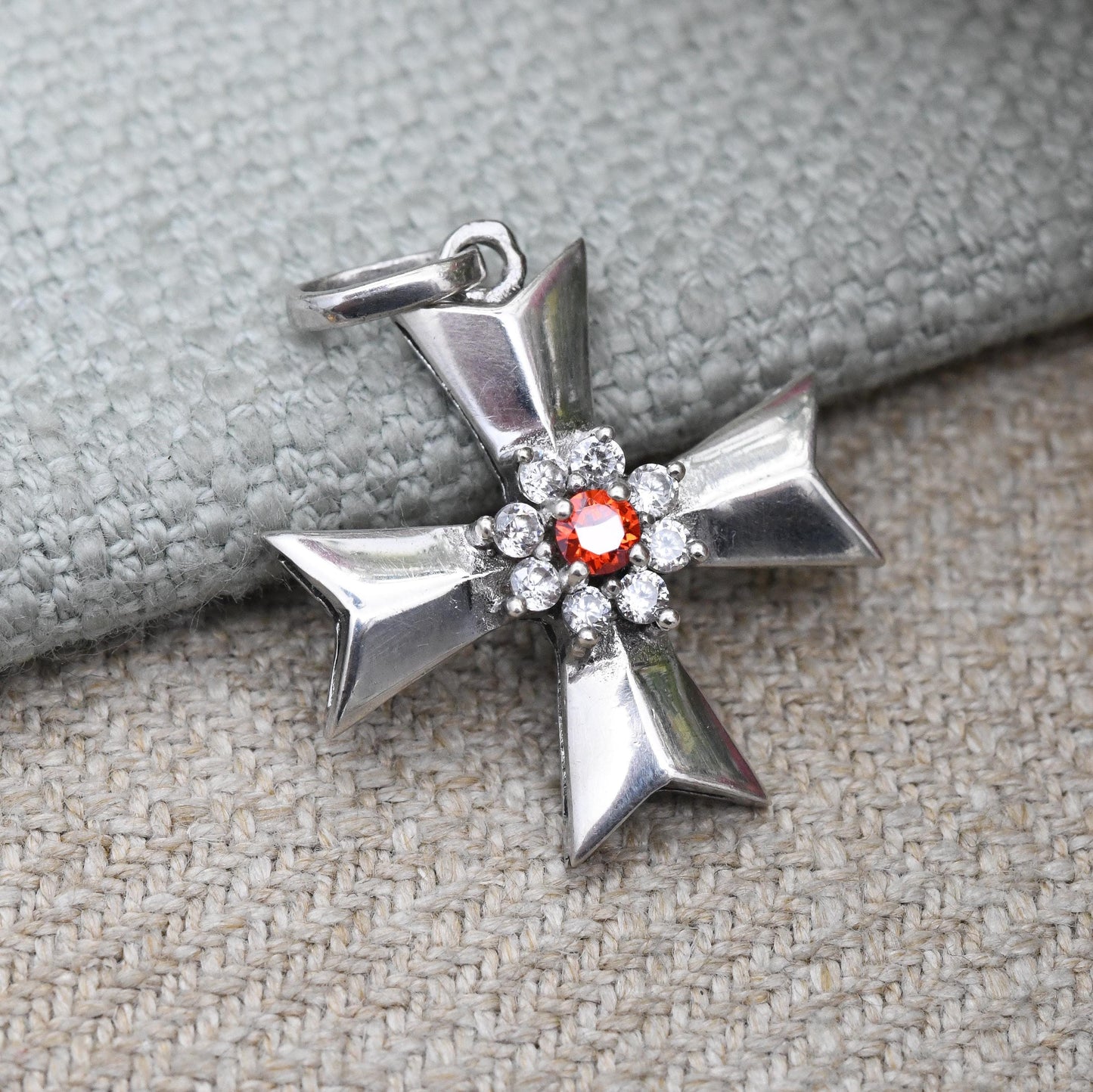 Vintage Maltese Cross Silver Pendant with Red and Clear Stone Halo - Arrowhead Cross Gift for Baptism Christening | Charm Necklace Stack