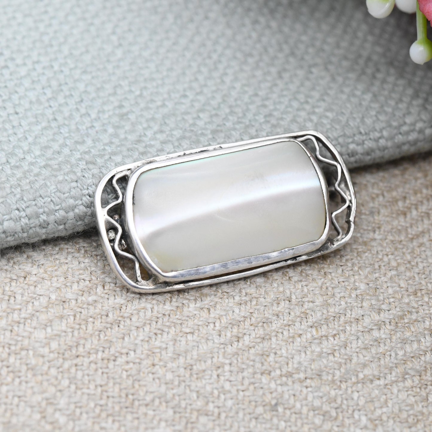Antique Arts and Crafts Brooch Sterling Silver Mother of Pearl Brooch with Pretty Open Design - c. 1910 Edwardian Era | Cabochon White Stone