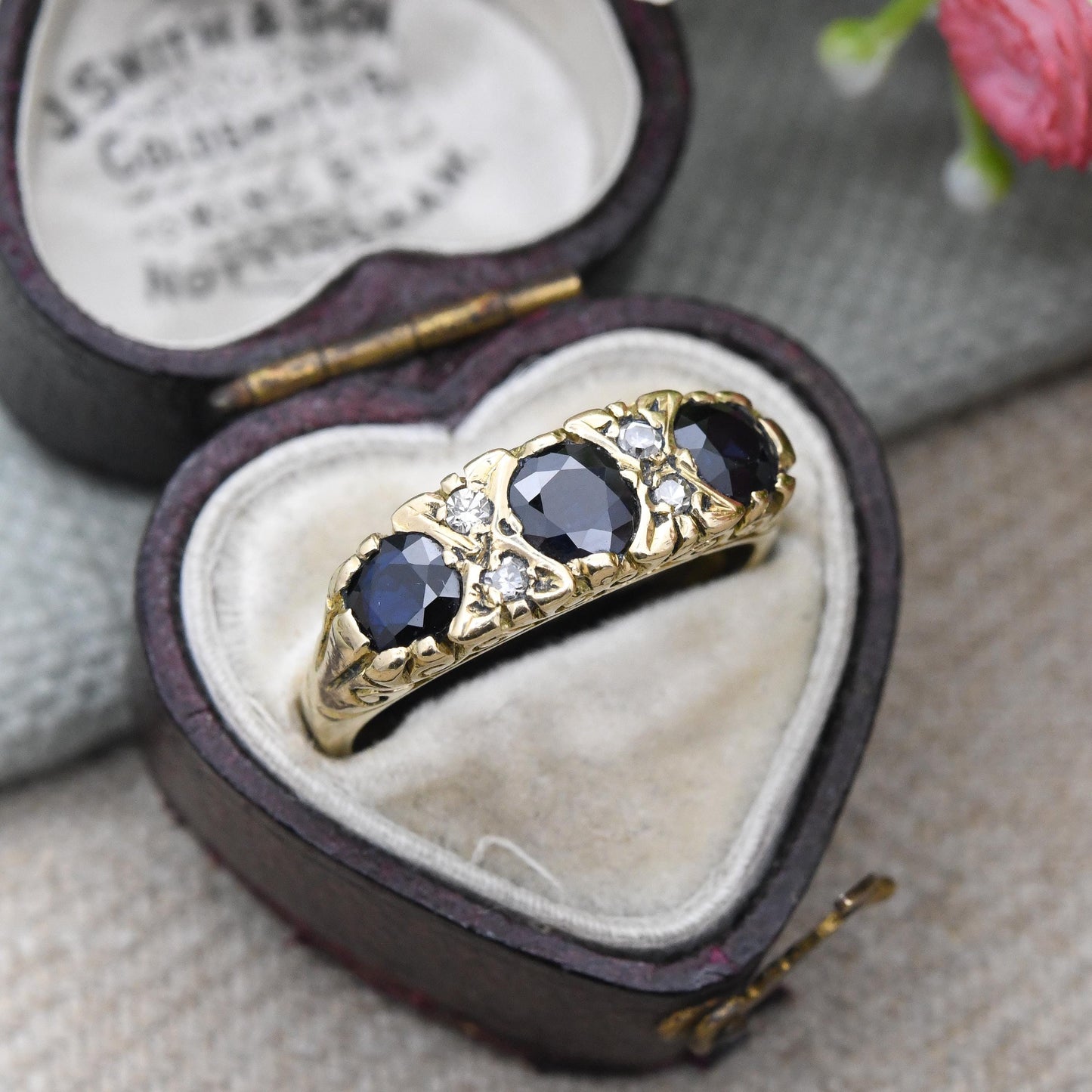 Vintage 18ct Gold Ring Flush Three Stone Sapphire and Diamond Ring 1976 - Stacker Anniversary Jewellery Gift | UK Size N 1/2 | US Size 7