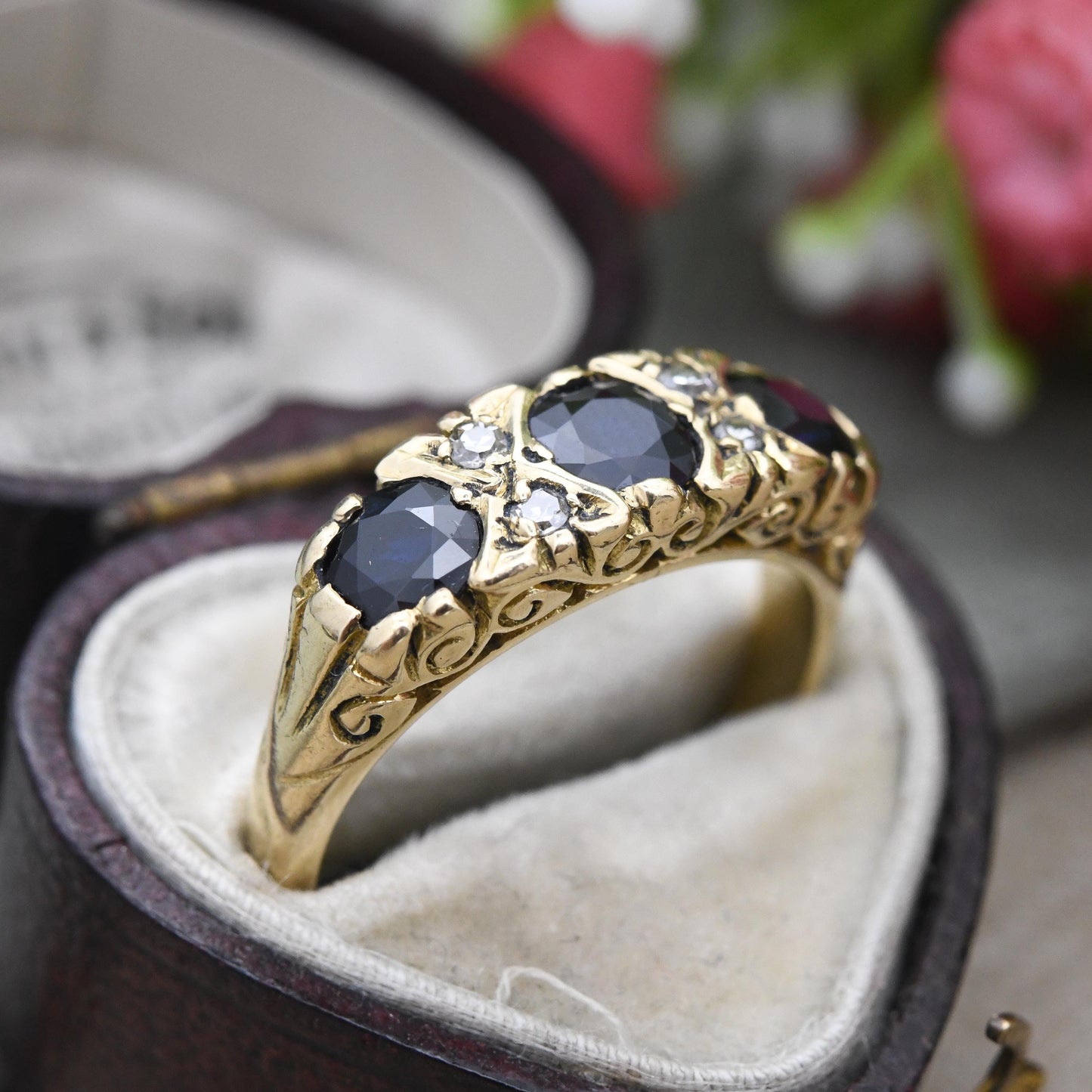 Vintage 18ct Gold Ring Flush Three Stone Sapphire and Diamond Ring 1976 - Stacker Anniversary Jewellery Gift | UK Size N 1/2 | US Size 7