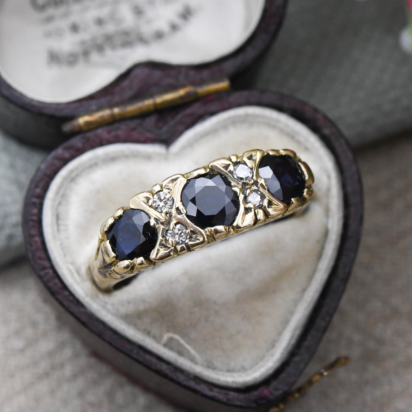Vintage 18ct Gold Ring Flush Three Stone Sapphire and Diamond Ring 1976 - Stacker Anniversary Jewellery Gift | UK Size N 1/2 | US Size 7