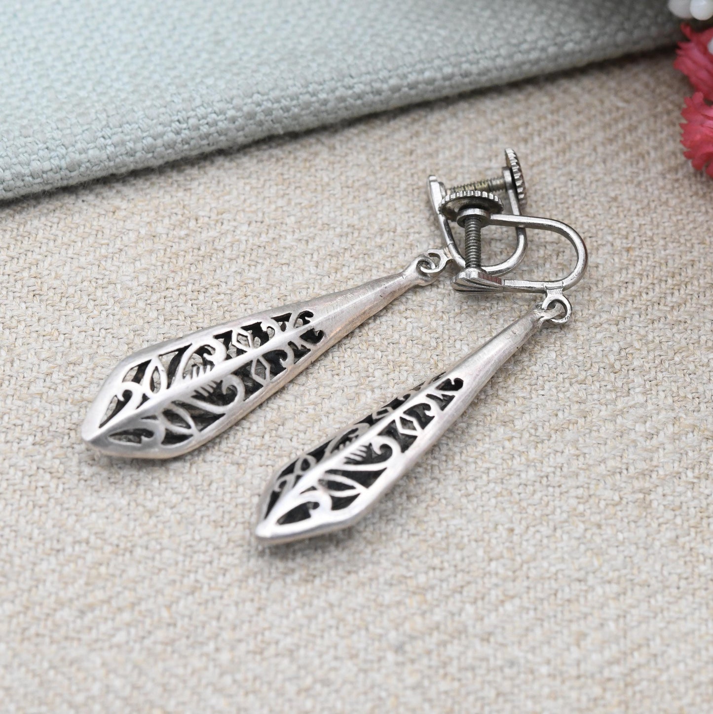 Vintage Sterling Silver Long Drop Earrings with Costume Screw Backs - Openwork Scrolling Design | Delicate Gift for Her | Unpierced Ears