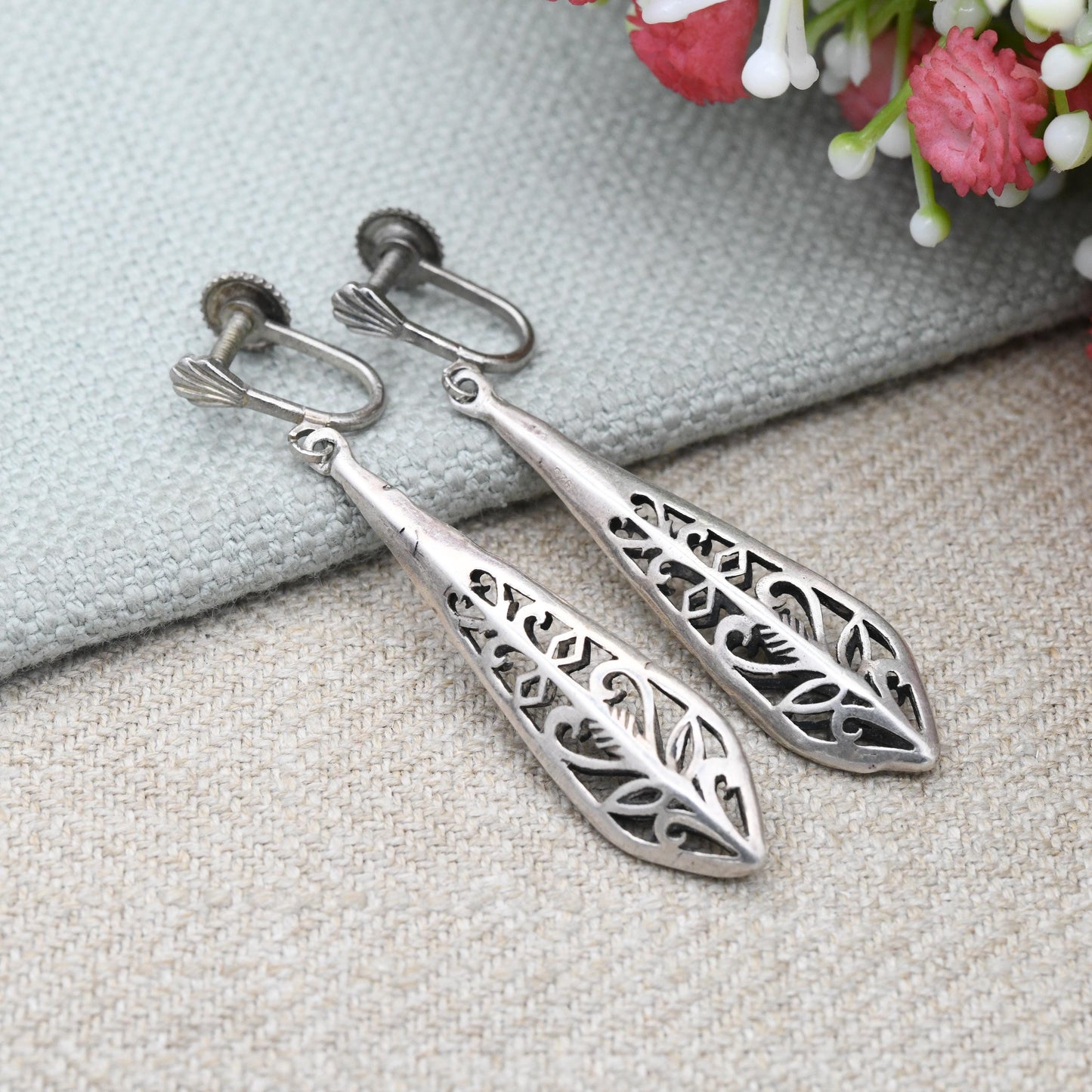 Vintage Sterling Silver Long Drop Earrings with Costume Screw Backs - Openwork Scrolling Design | Delicate Gift for Her | Unpierced Ears