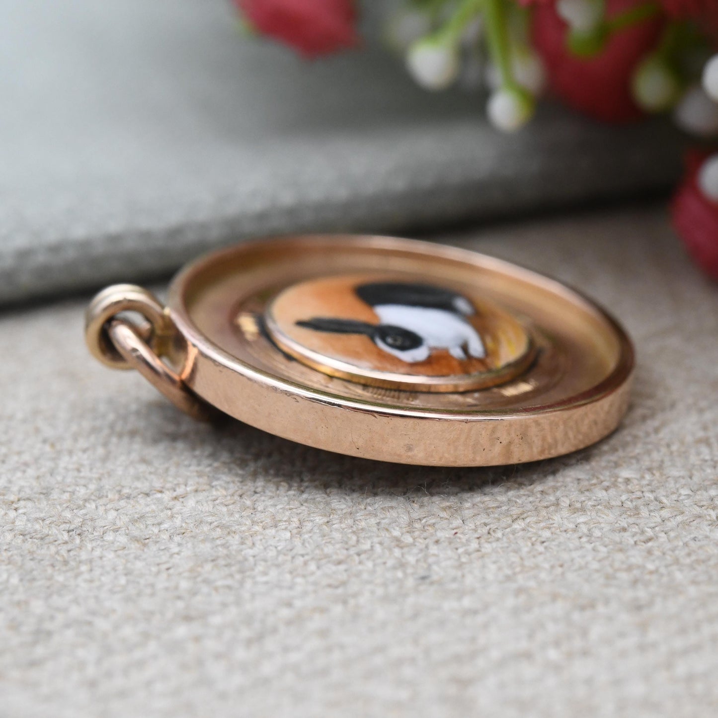 Vintage 9ct Gold Dutch Rabbit Club Pendant 1934 by Fattorini & Sons - Enamel Black and White Bunny Rose Gold Medallion Watch Fob Engraved