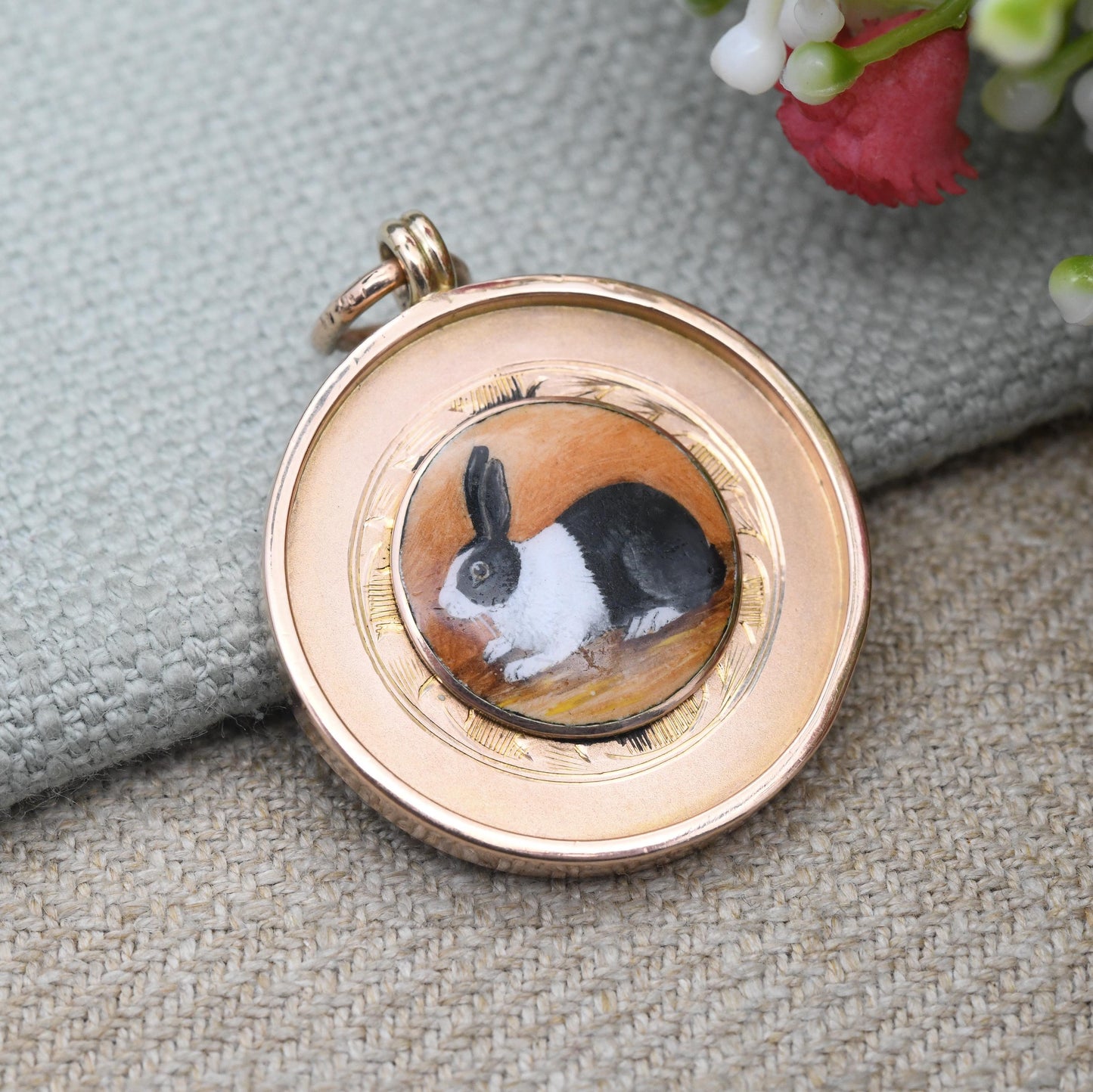Vintage 9ct Gold Dutch Rabbit Club Pendant 1934 by Fattorini & Sons - Enamel Black and White Bunny Rose Gold Medallion Watch Fob Engraved