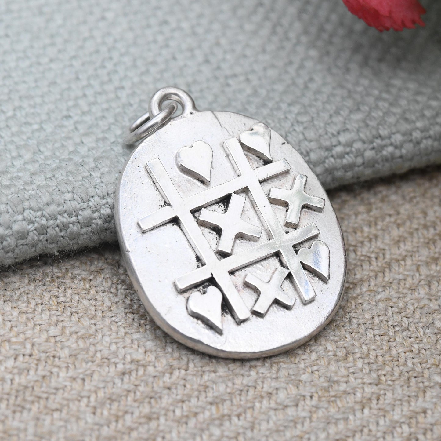 Vintage Sterling Silver Pendant Hearts and Crosses Design - Tic Tac Toe Noughts and Crosses | Studio Chunky Silver Love Heart Jewellery