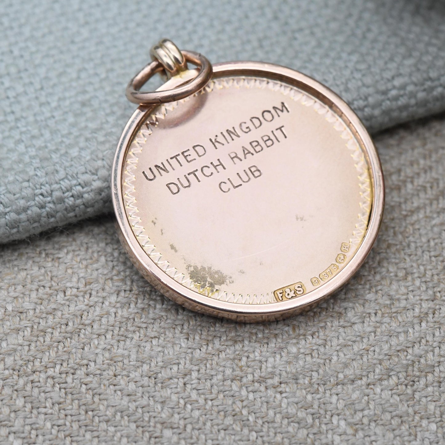 Vintage 9ct Gold Dutch Rabbit Club Pendant 1934 by Fattorini & Sons - Enamel Black and White Bunny Rose Gold Medallion Watch Fob Engraved