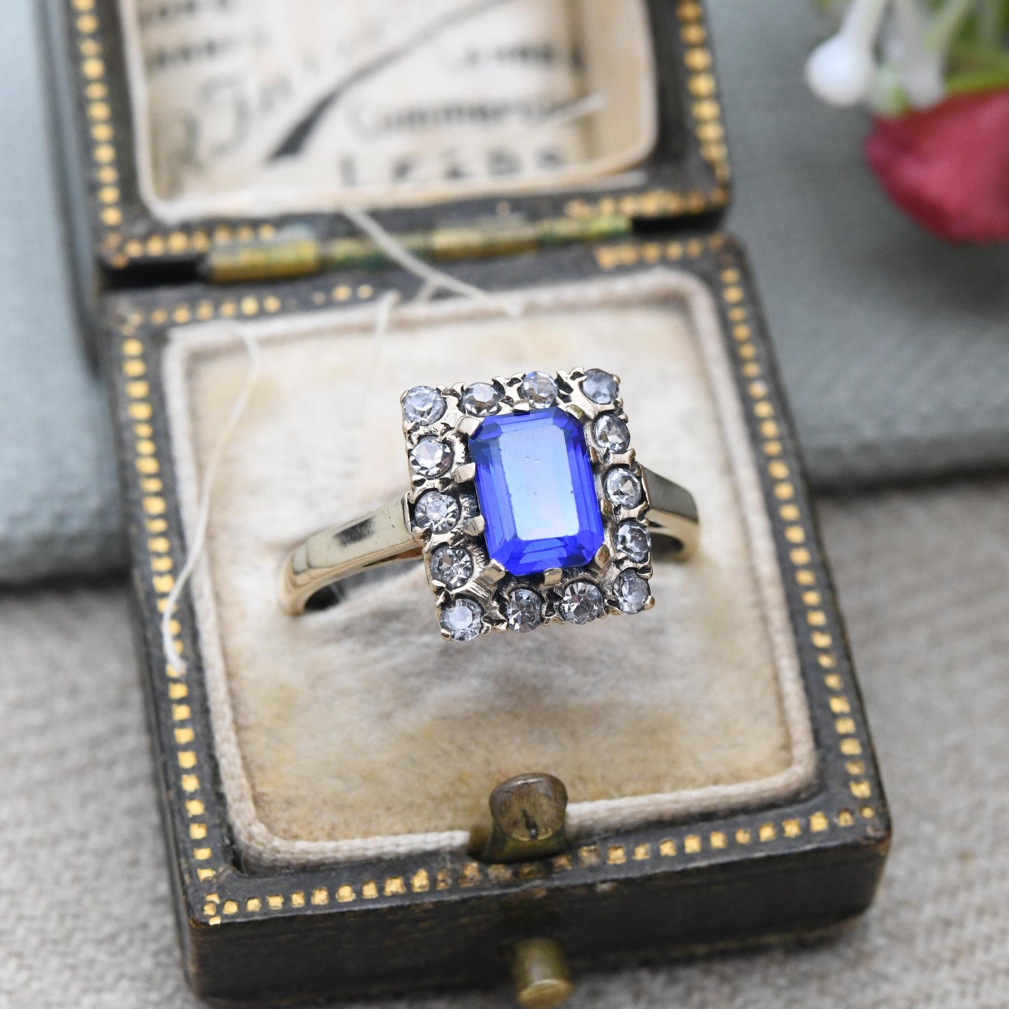 Vintage 9ct Gold Ring Blue Stone Halo c. 1950s - Large Rectangle Deep Blue Synthetic Stone Cocktail Ring | UK Size - N | US Size - 6 3/4