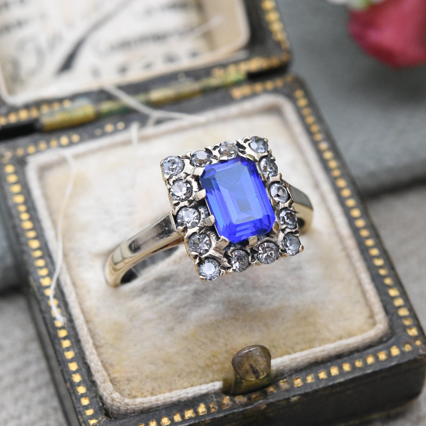 Vintage 9ct Gold Ring Blue Stone Halo c. 1950s - Large Rectangle Deep Blue Synthetic Stone Cocktail Ring | UK Size - N | US Size - 6 3/4