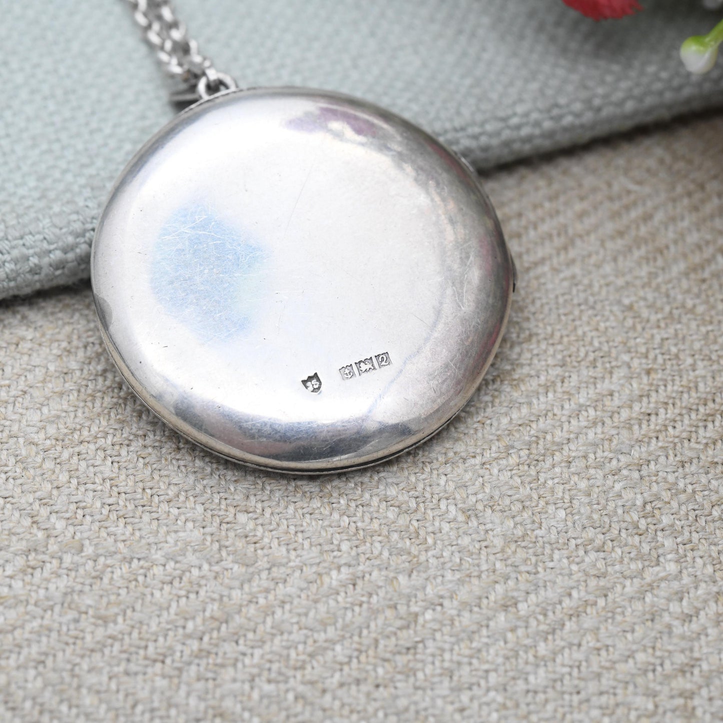 Vintage Sterling Silver Locket Pendant Necklace with Engraved Floral Design 1965 Joseph Smith & Sons JS - Large Circle Locket Jewellery Gift