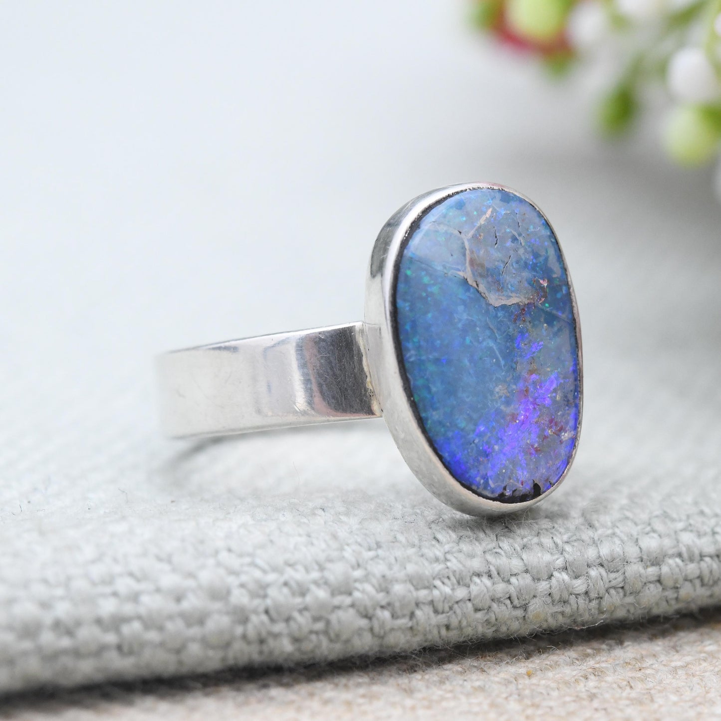 Vintage Sterling Silver Boulder Opal Ring - Chunky Mid-Century Statement Jewellery | Unisex Large Blue Stone | UK Size - N 1/2 | US Size - 7