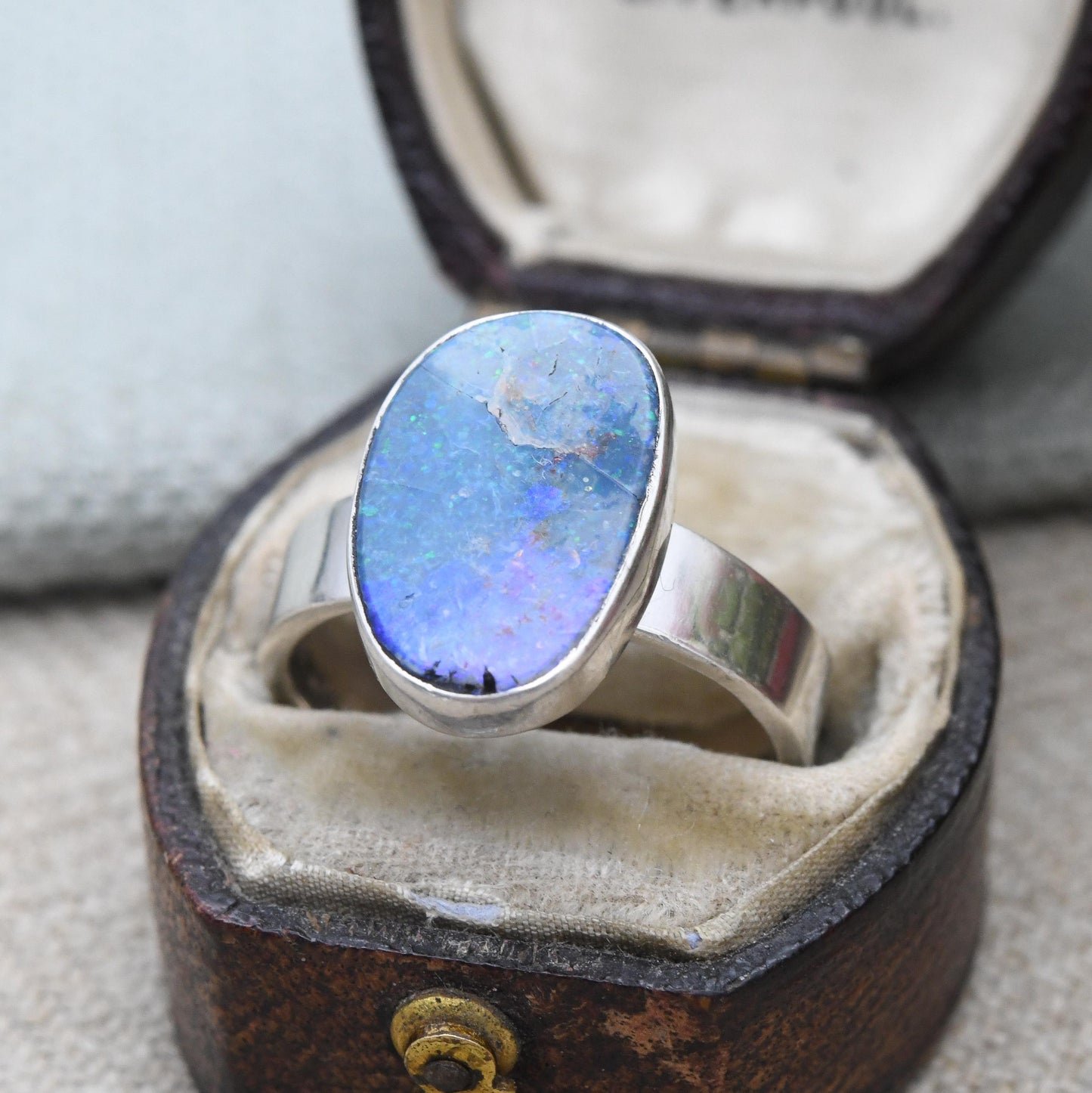 Vintage Sterling Silver Boulder Opal Ring - Chunky Mid-Century Statement Jewellery | Unisex Large Blue Stone | UK Size - N 1/2 | US Size - 7