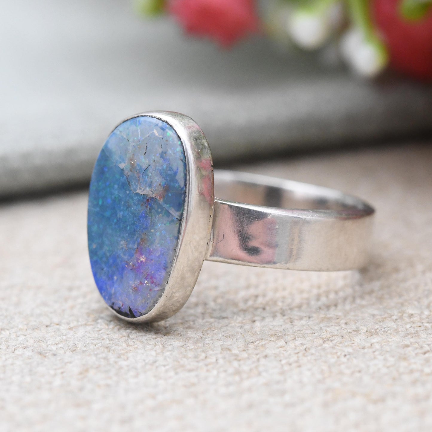 Vintage Sterling Silver Boulder Opal Ring - Chunky Mid-Century Statement Jewellery | Unisex Large Blue Stone | UK Size - N 1/2 | US Size - 7