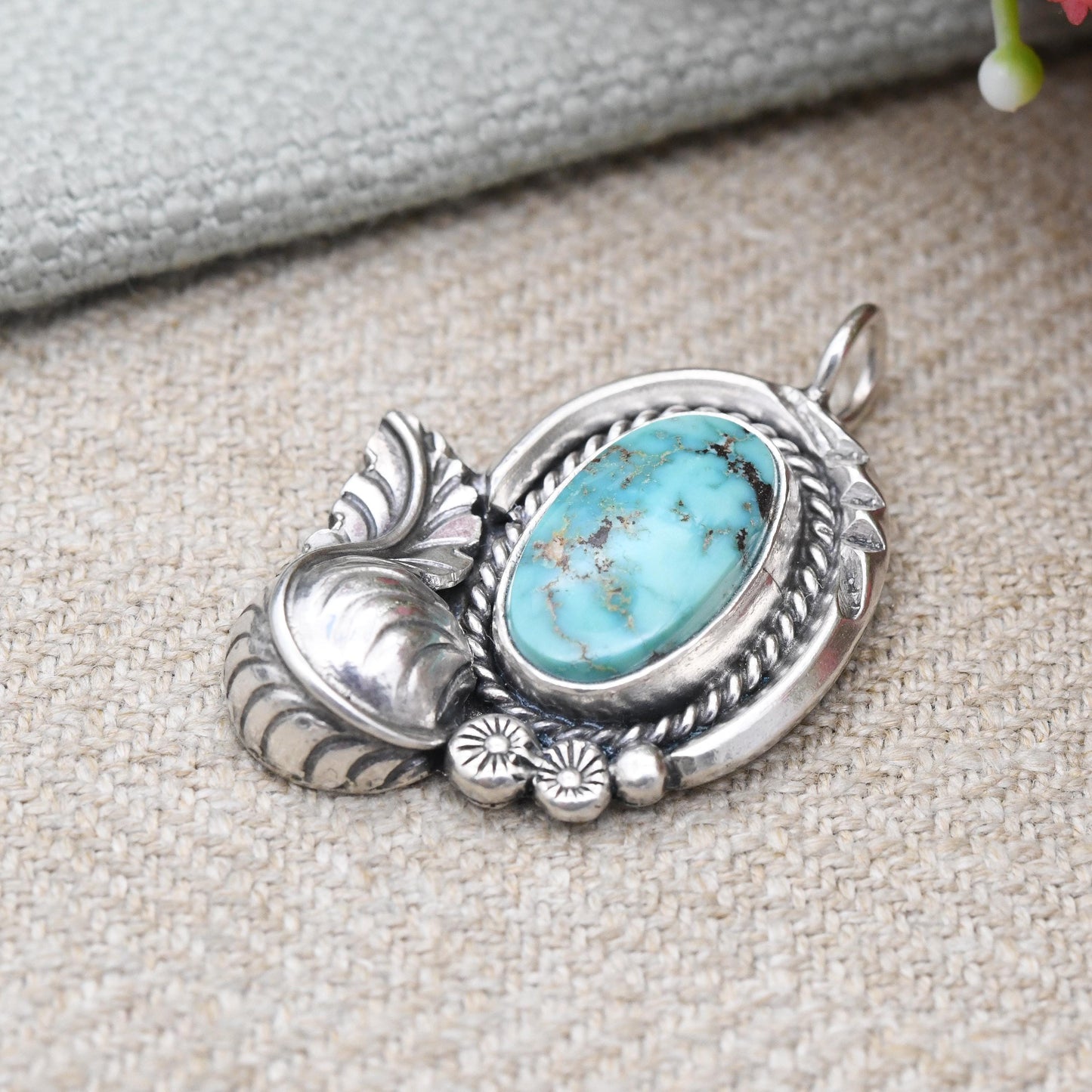 Vintage Southwestern Sterling Silver Turquoise Pendant - Cabochon Large Blue Stone with Floral Leaf Feather Border American Silver Jewellery