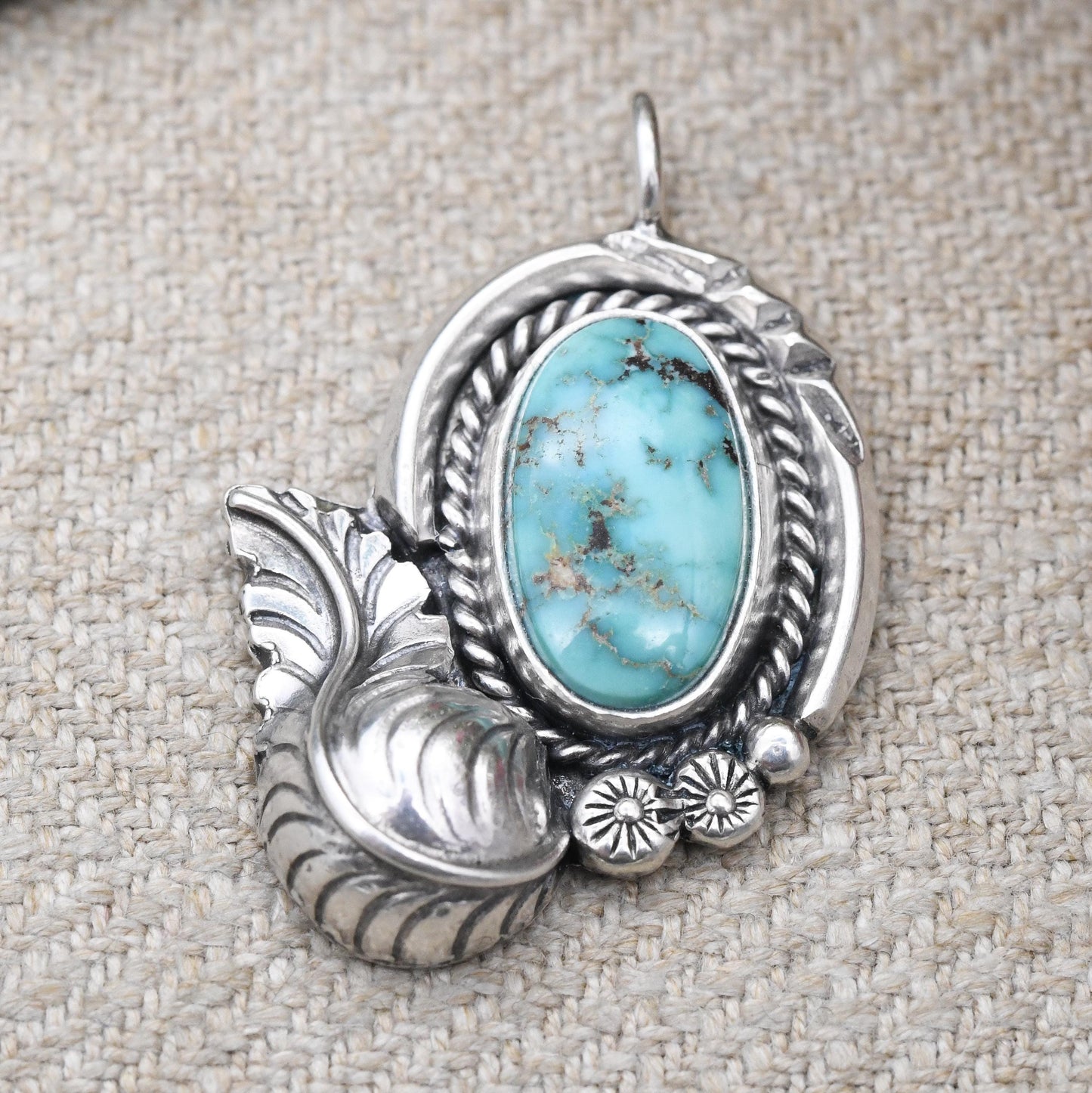 Vintage Southwestern Sterling Silver Turquoise Pendant - Cabochon Large Blue Stone with Floral Leaf Feather Border American Silver Jewellery