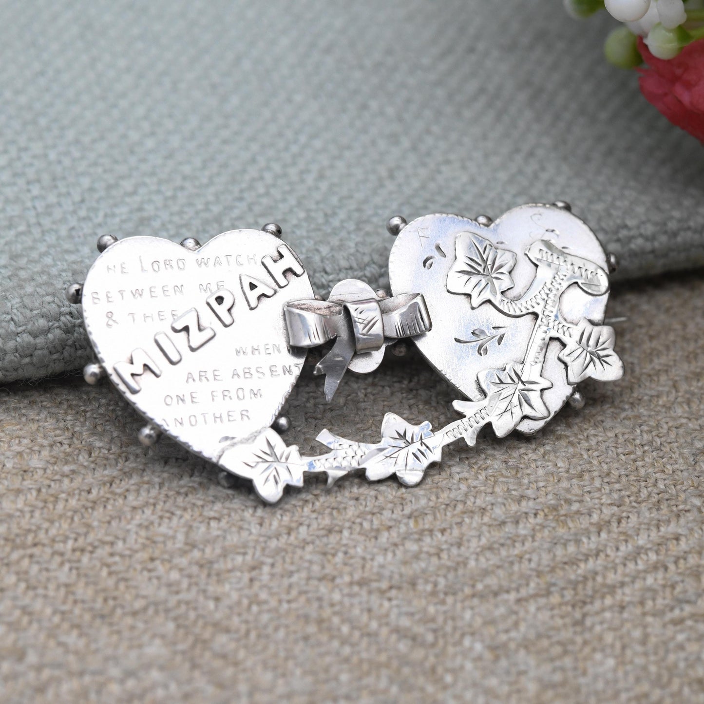 Antique Mizpah Brooch Victorian Sterling Silver 1900 - Silver Sweetheart Jewellery | Two Hearts Entwined with Ivy | Symbolic Sentimental Pin