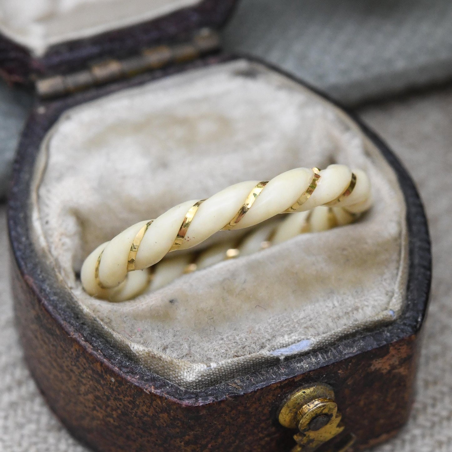 Vintage 14ct Gold Bone Ring Carved Spiral Band - Gold Inlay Wrapped Animal Bone Jewellery | Thin Band Ring | UK Size - L | US Size - 5 3/4