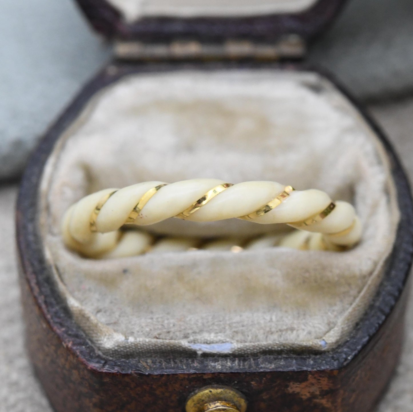Vintage 14ct Gold Bone Ring Carved Spiral Band - Gold Inlay Wrapped Animal Bone Jewellery | Thin Band Ring | UK Size - L | US Size - 5 3/4