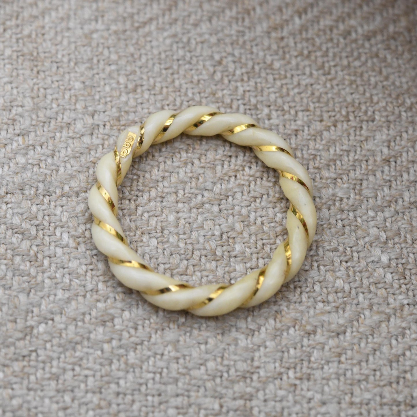 Vintage 14ct Gold Bone Ring Carved Spiral Band - Gold Inlay Wrapped Animal Bone Jewellery | Thin Band Ring | UK Size - L | US Size - 5 3/4