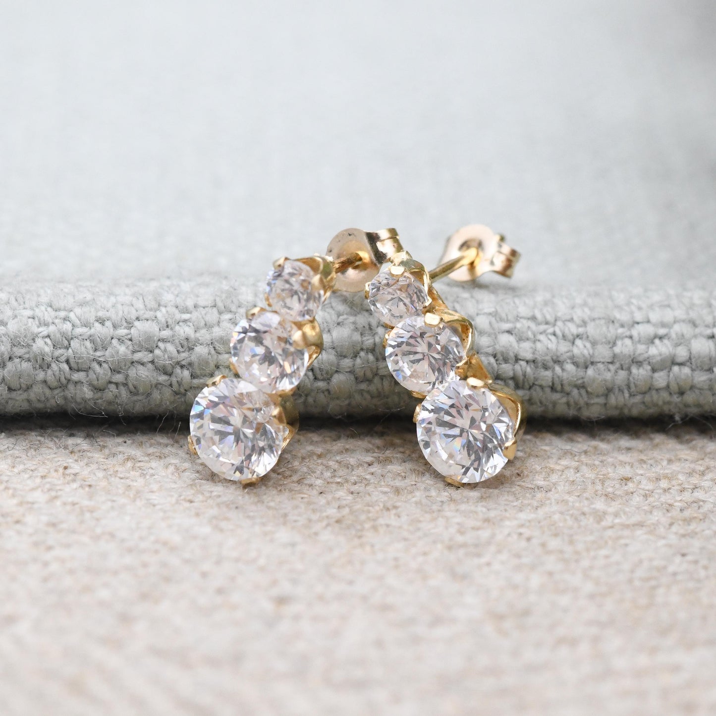 Vintage 14ct Gold CZ Stud Earrings Three Stone Graduated - Sparkly Clear Yellow Gold Birthday Gift Statement Stud Earrings | Butterfly Back