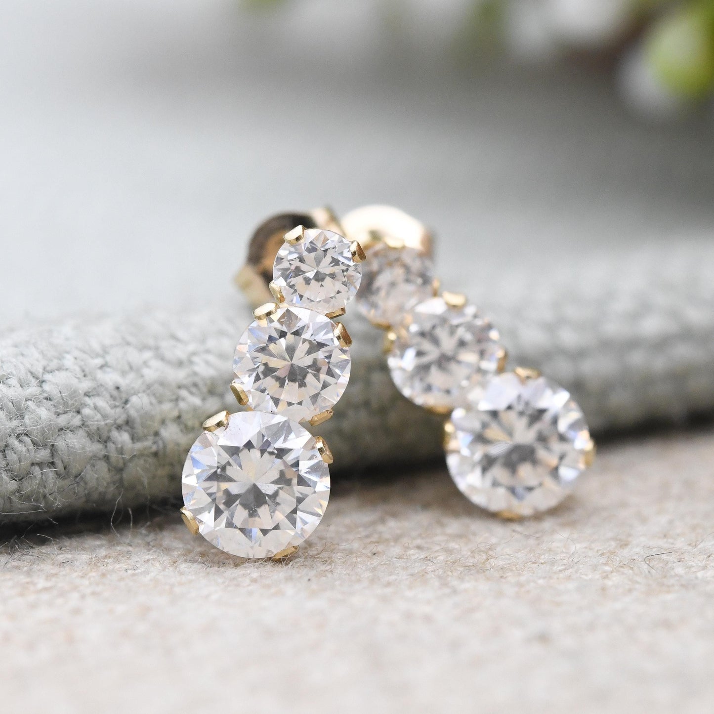 Vintage 14ct Gold CZ Stud Earrings Three Stone Graduated - Sparkly Clear Yellow Gold Birthday Gift Statement Stud Earrings | Butterfly Back