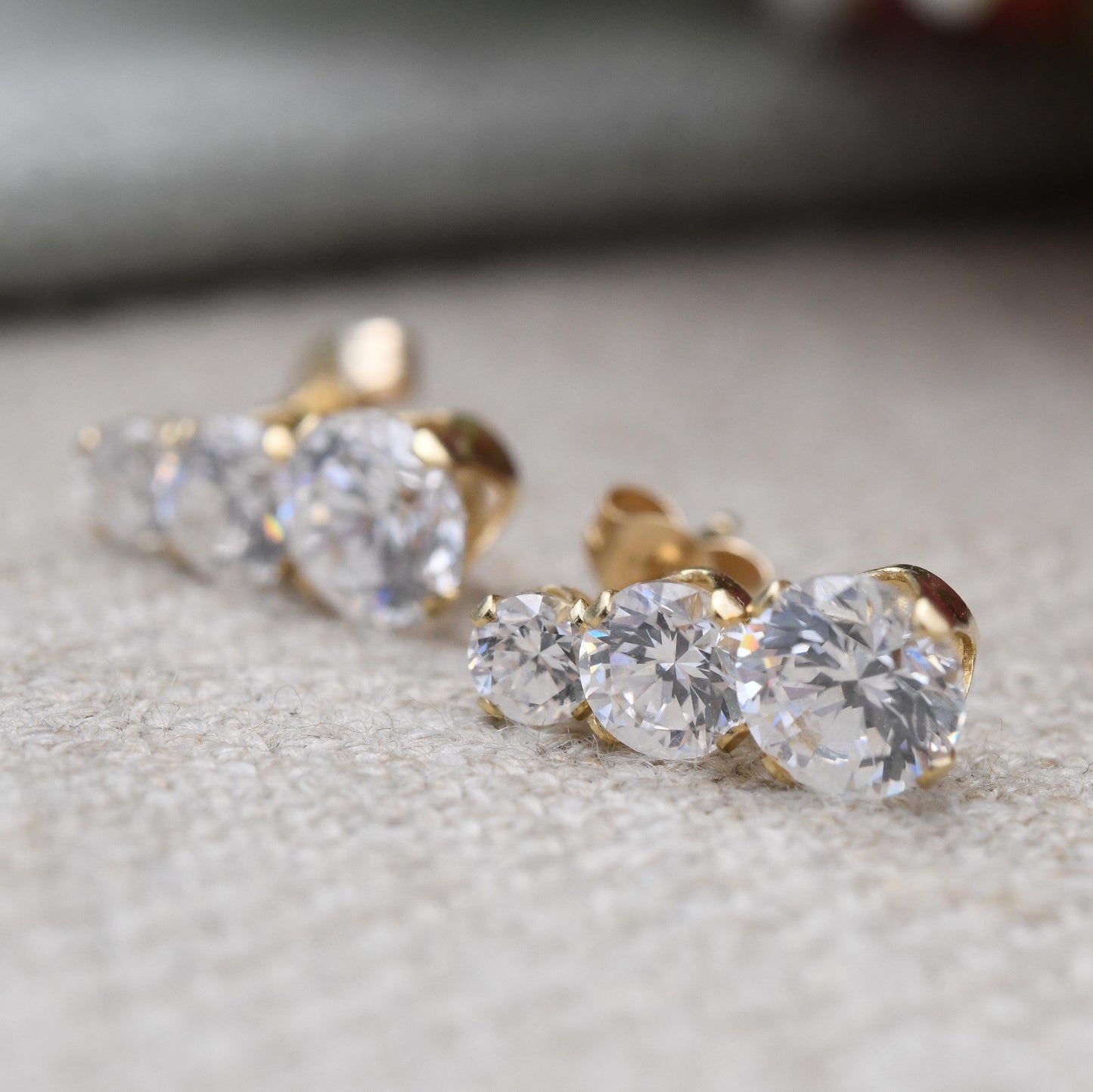 Vintage 14ct Gold CZ Stud Earrings Three Stone Graduated - Sparkly Clear Yellow Gold Birthday Gift Statement Stud Earrings | Butterfly Back
