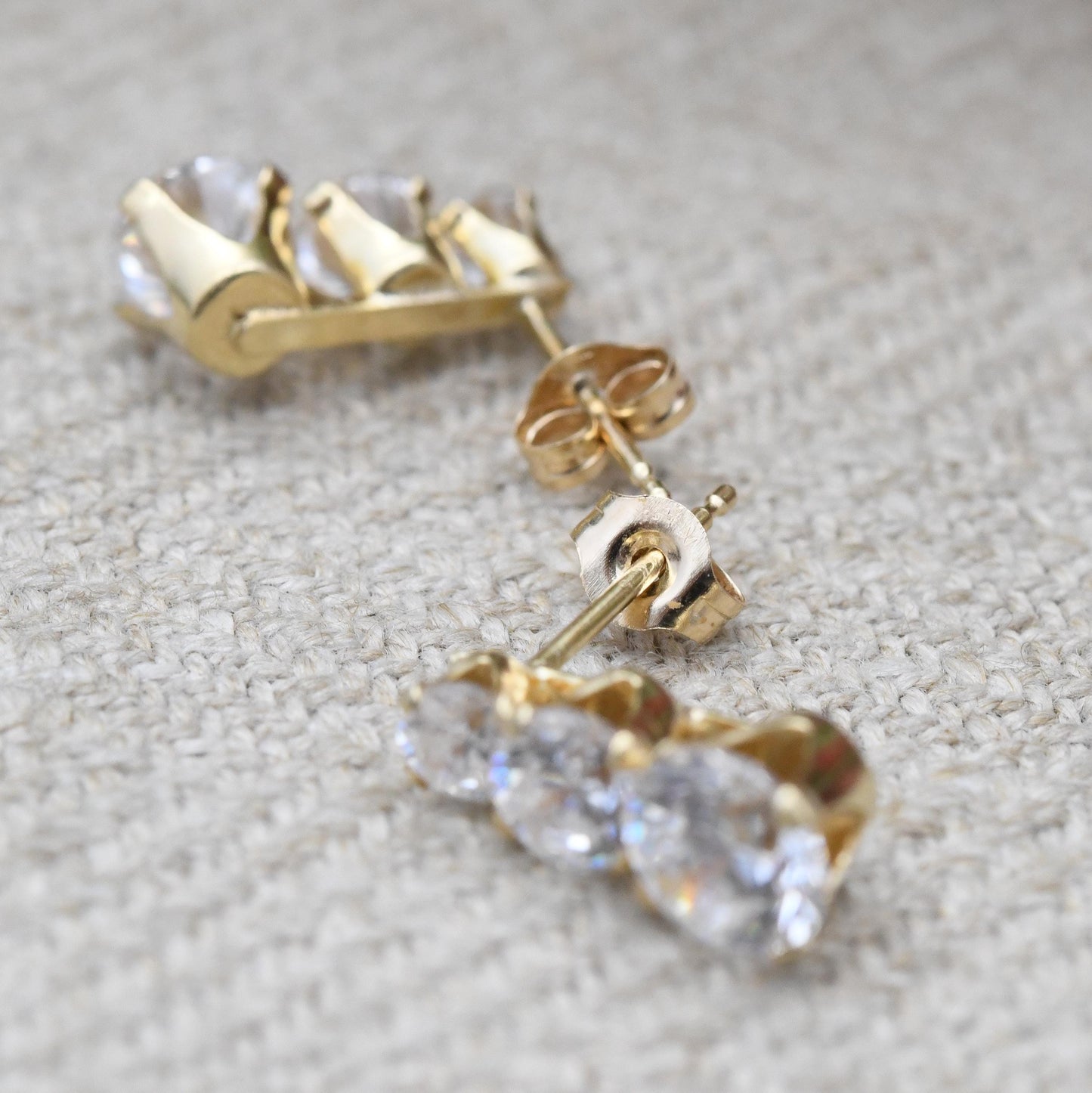Vintage 14ct Gold CZ Stud Earrings Three Stone Graduated - Sparkly Clear Yellow Gold Birthday Gift Statement Stud Earrings | Butterfly Back