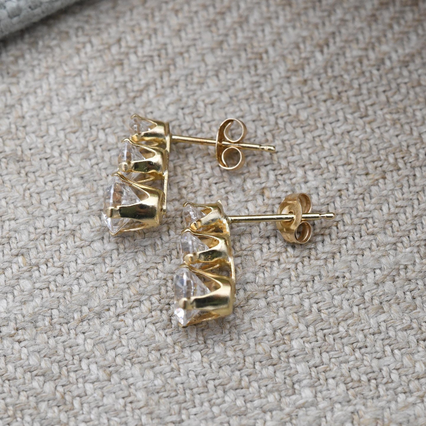 Vintage 14ct Gold CZ Stud Earrings Three Stone Graduated - Sparkly Clear Yellow Gold Birthday Gift Statement Stud Earrings | Butterfly Back