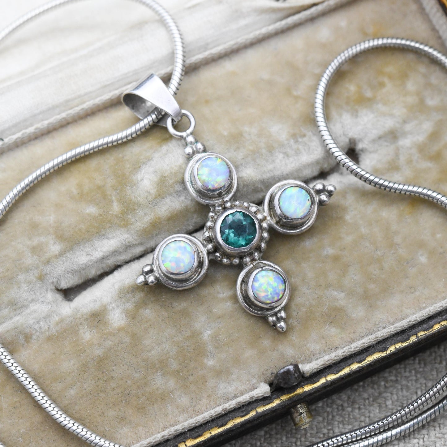 Vintage Sterling Silver Opal Pendant Necklace Square Cross with Green Stone - Quatrefoil Shape Chunky Blue and Green Pendant Jewellery Gift