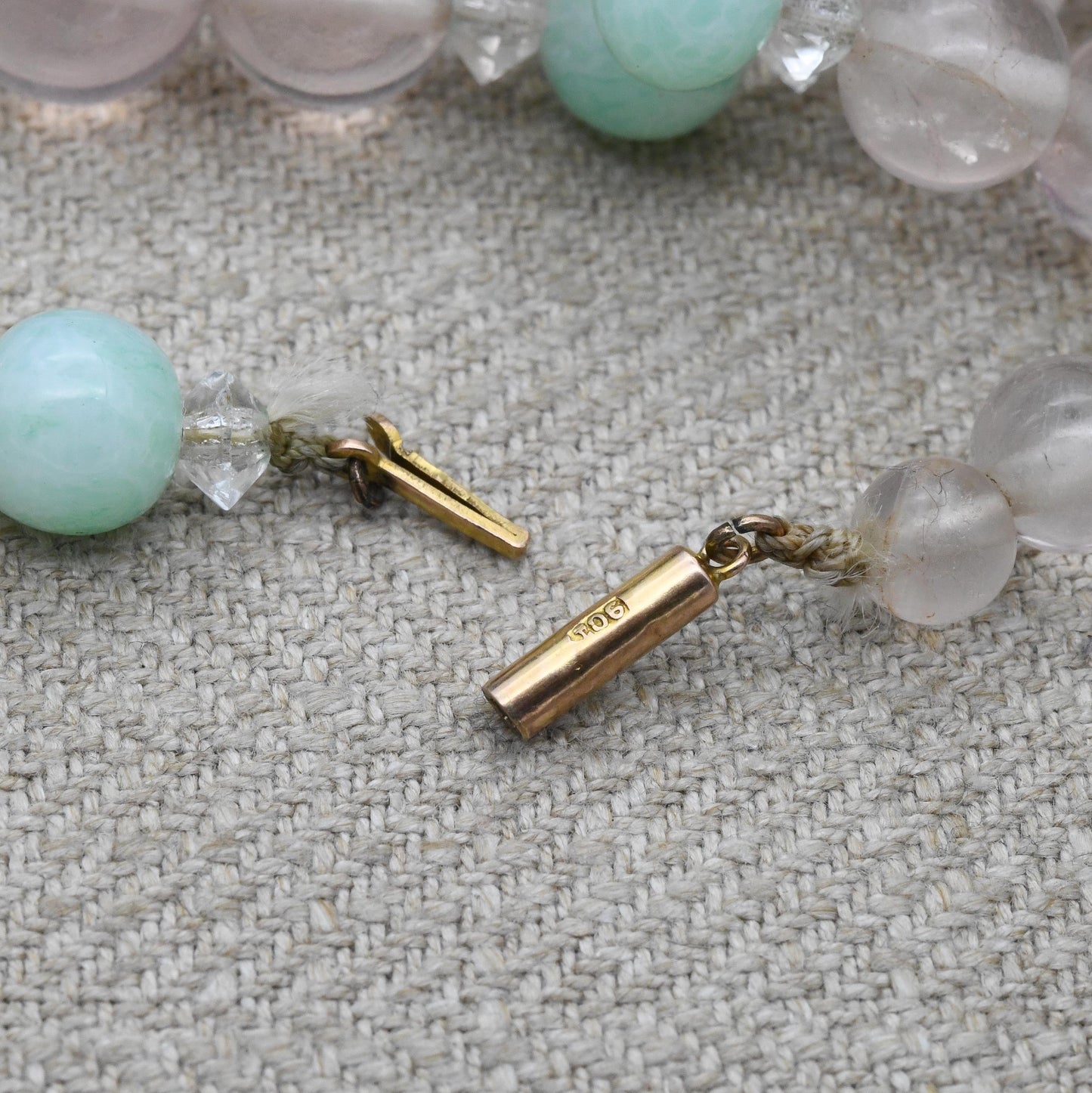 Vintage 9ct Gold Clasp Gemstone Necklace with Rose Quartz - Graduated Round Gem Beads Pink and Green Faceted Rock Crystal | Length 36cm 14"